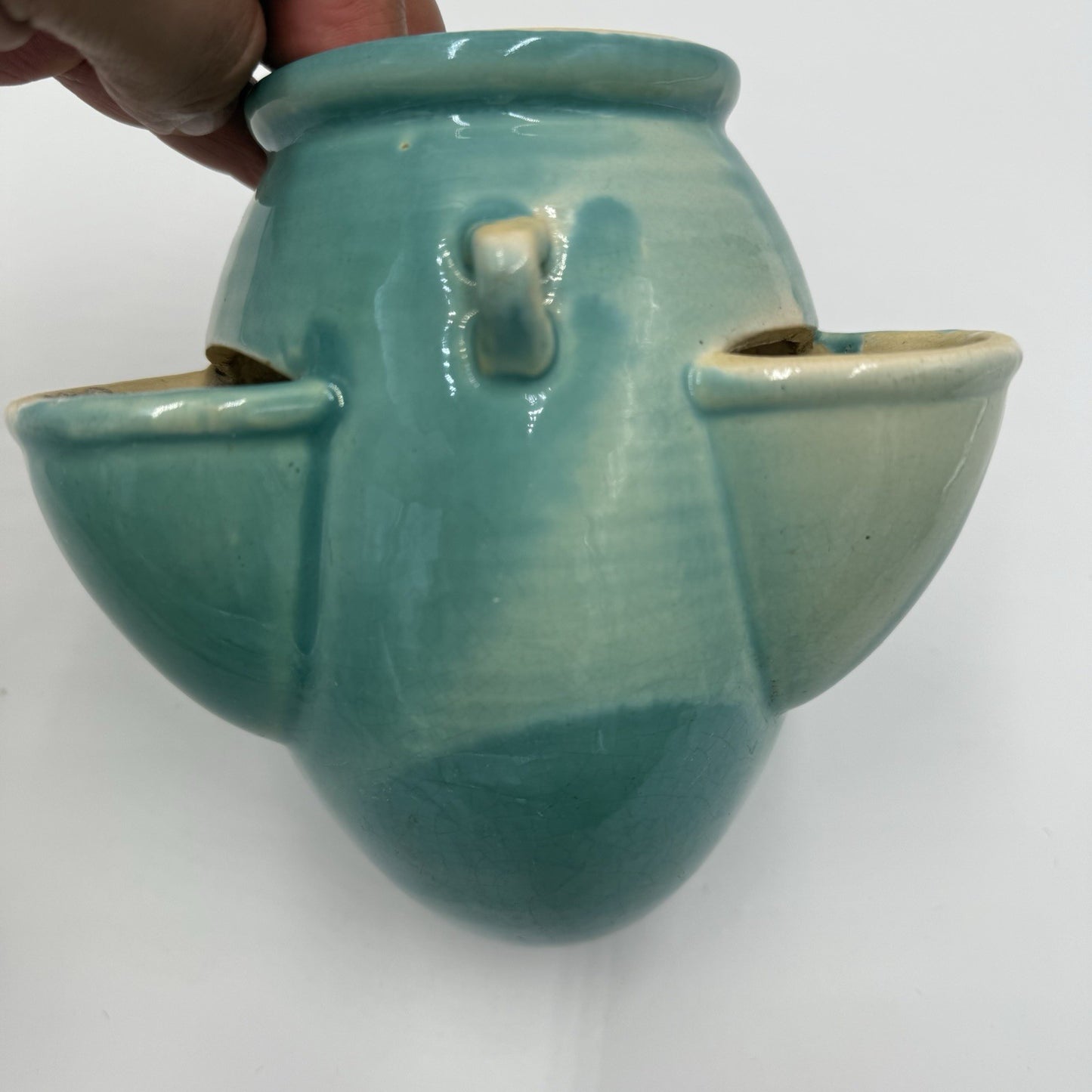 Roseville Art Pottery Ixia Art Deco 1937 hanging pocket planter turquoise 6”rare