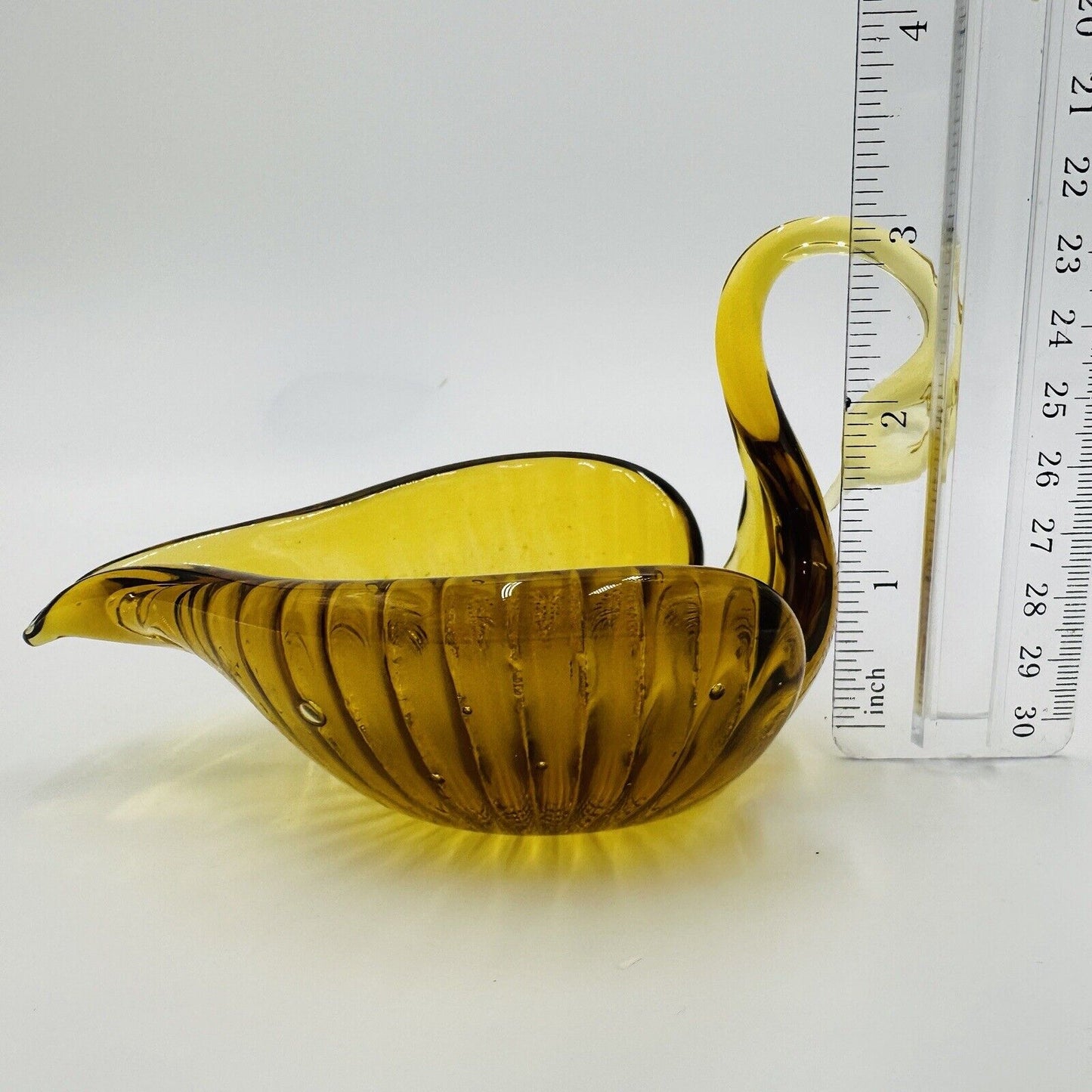 Swan Bowl Glass Figurine Vintage Art Amber Orange Candy Dish Decorative