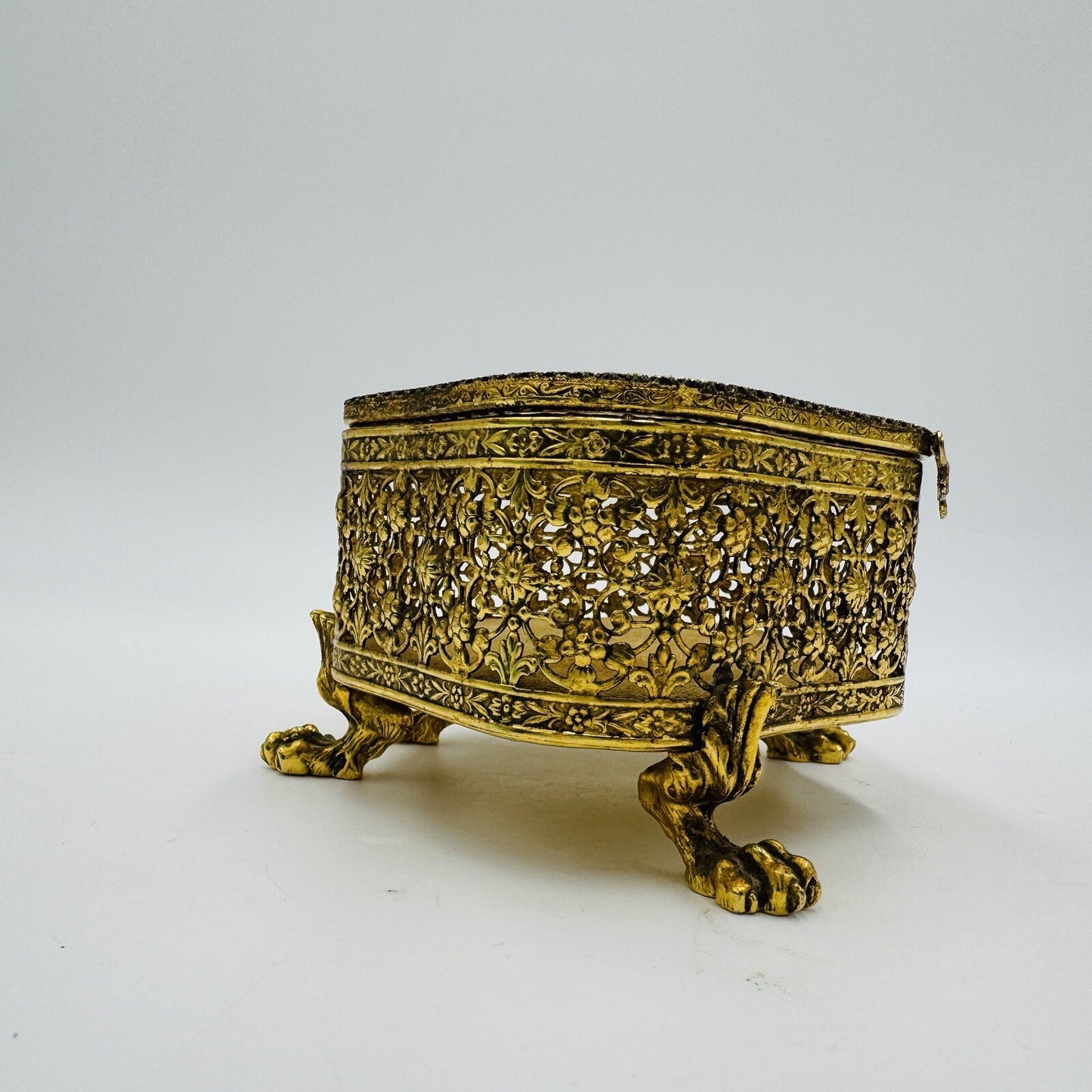 French Beveled Glass Gold Filigree Ormolu Jewelry Casket Box Claw Foot Vintage