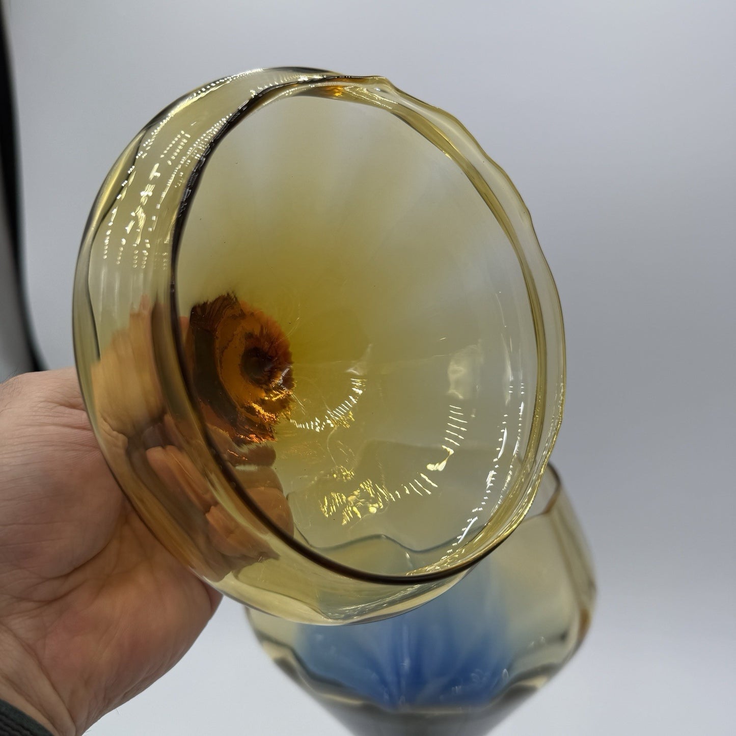 MCM Italian Empoli art Glass Apothecary Jar multicolor amber blue compote 16”