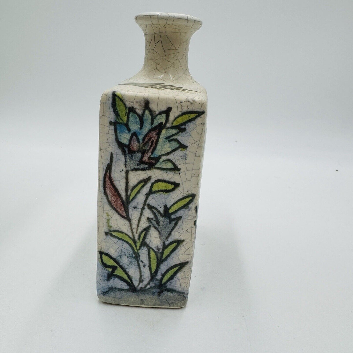 Pottery Barn Ikat Crackled Flower Vase Floral Birds 7” Original PB Sticker
