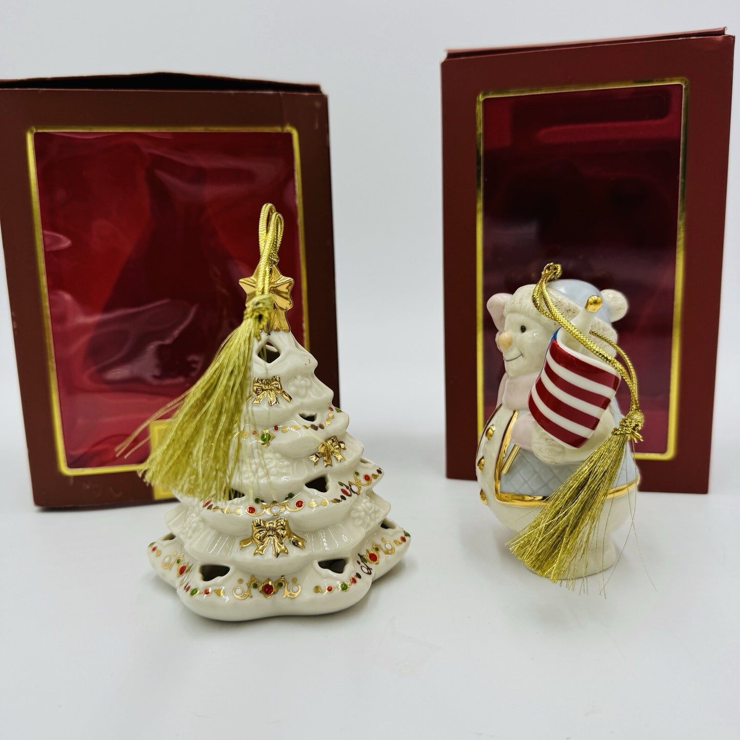 Lenox Porcelain Christmas Tree & USA Flag Snowman Ornaments