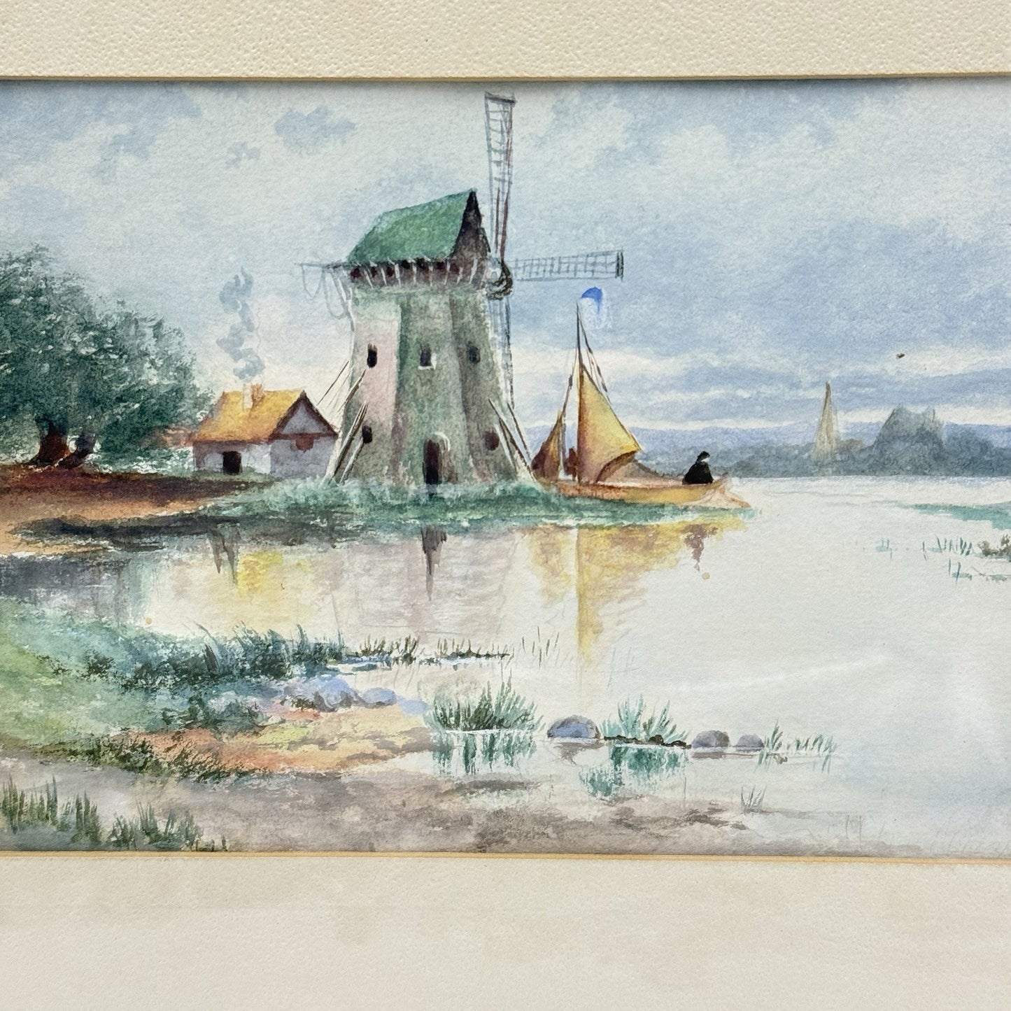 Dutch Scene Windmill & Boats Watercolor Painting signed Ethel Christpson Origin