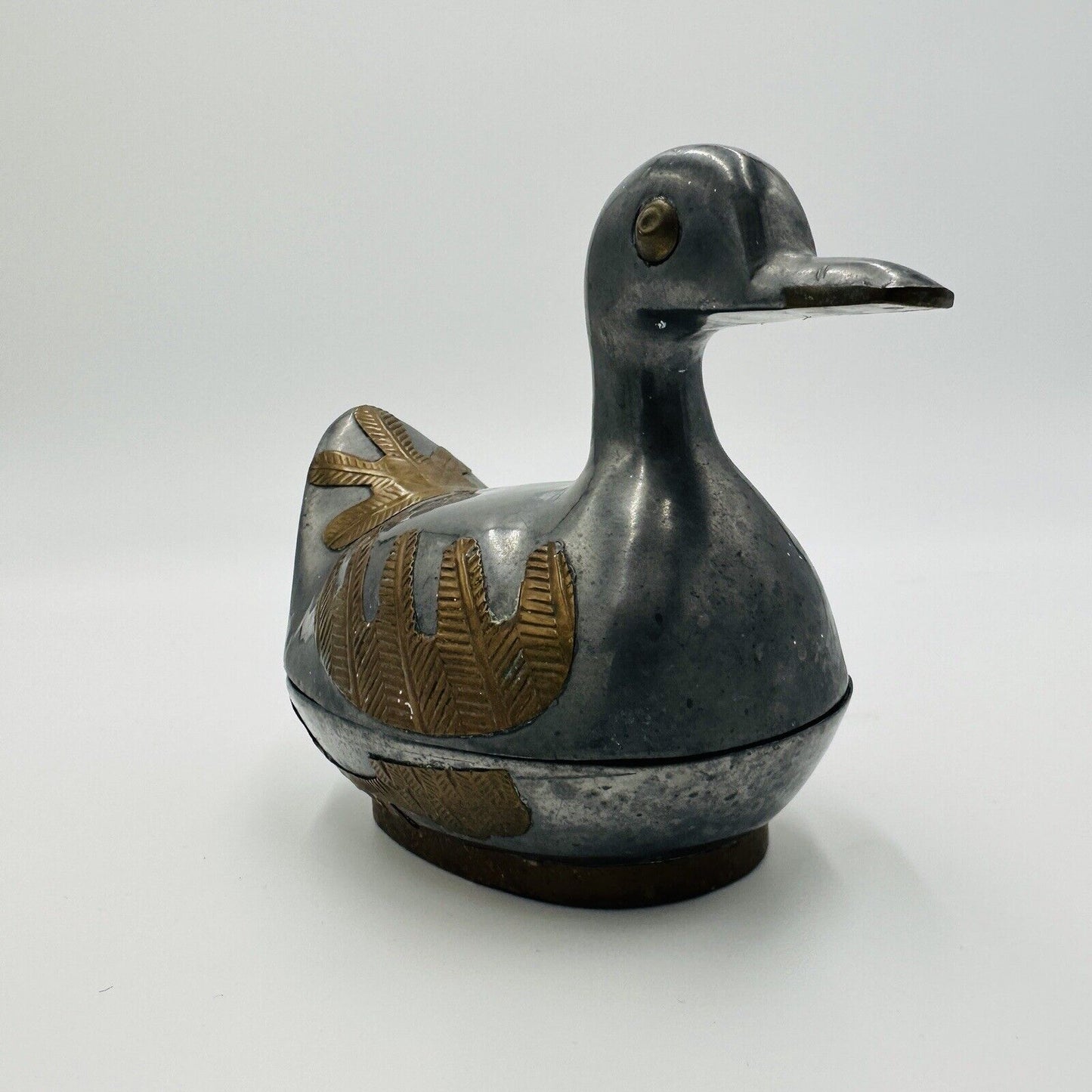 Duck Trinket Jewelry Box Pewter Brass Metal Hand Crafted Vintage 1960s MCM