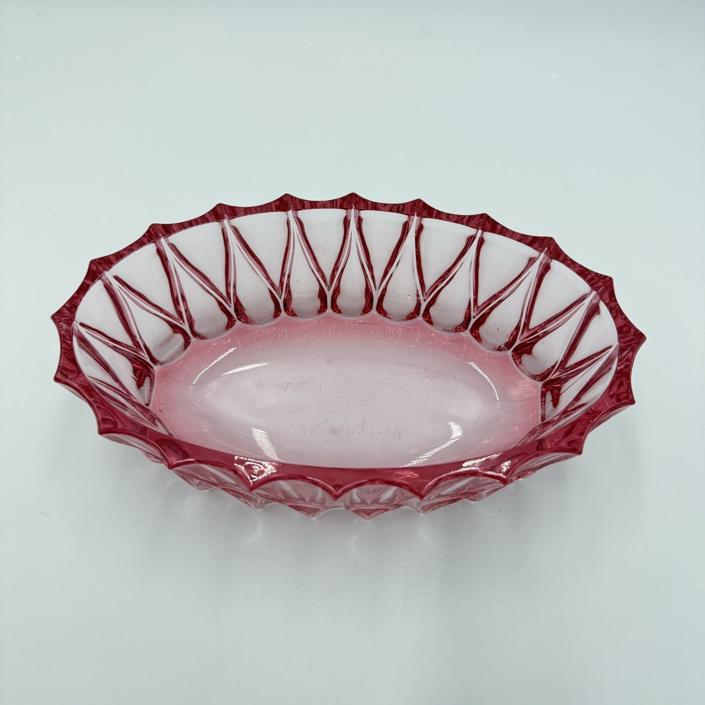 Vintage Fostoria Art Glass Pink Faceted Oval Bowl # 189 MCM 1960 Measure 9”x3”