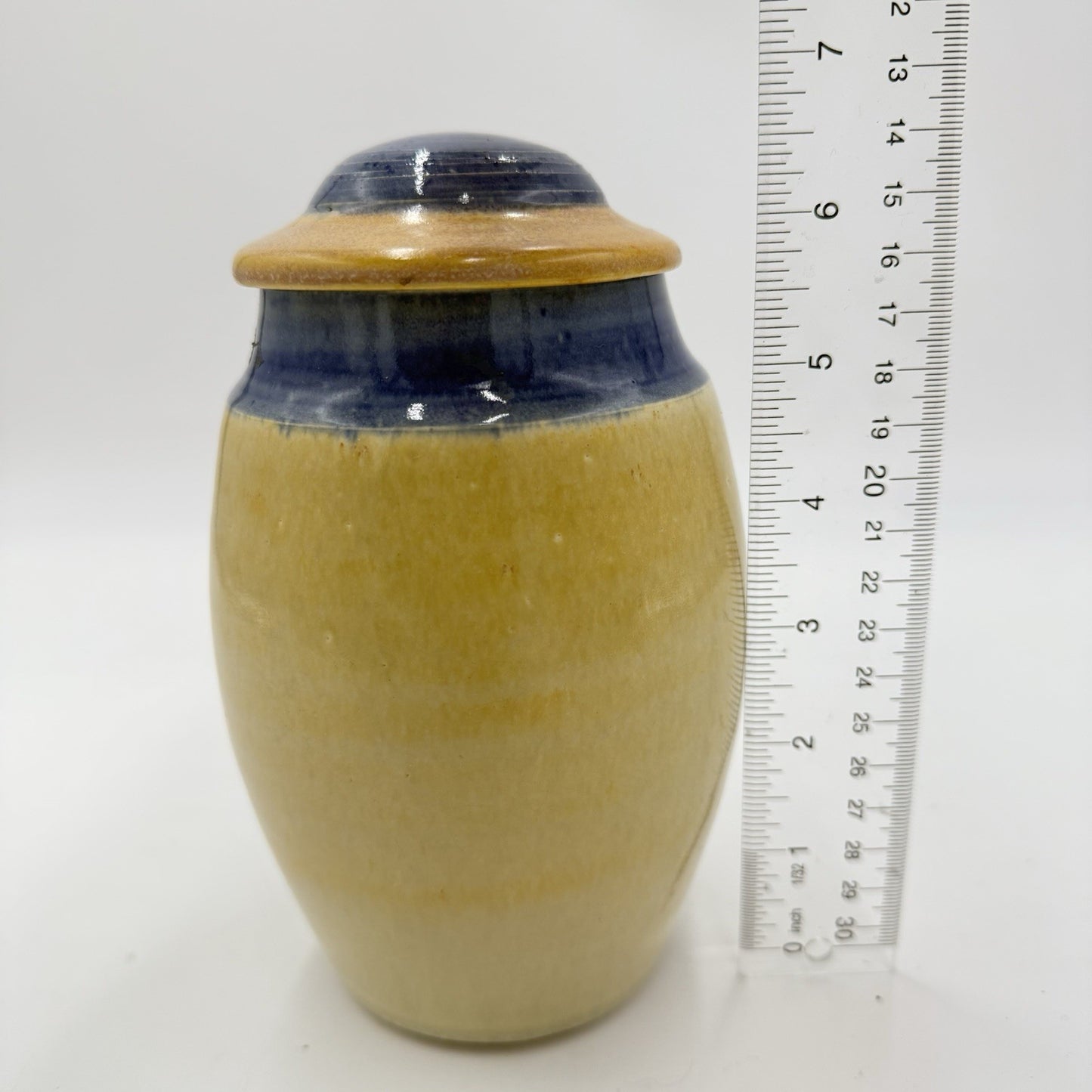 Vintage Martin Bleyer Art Pottery Urn Vase Glazed Yellow Blue W/lid 7”H