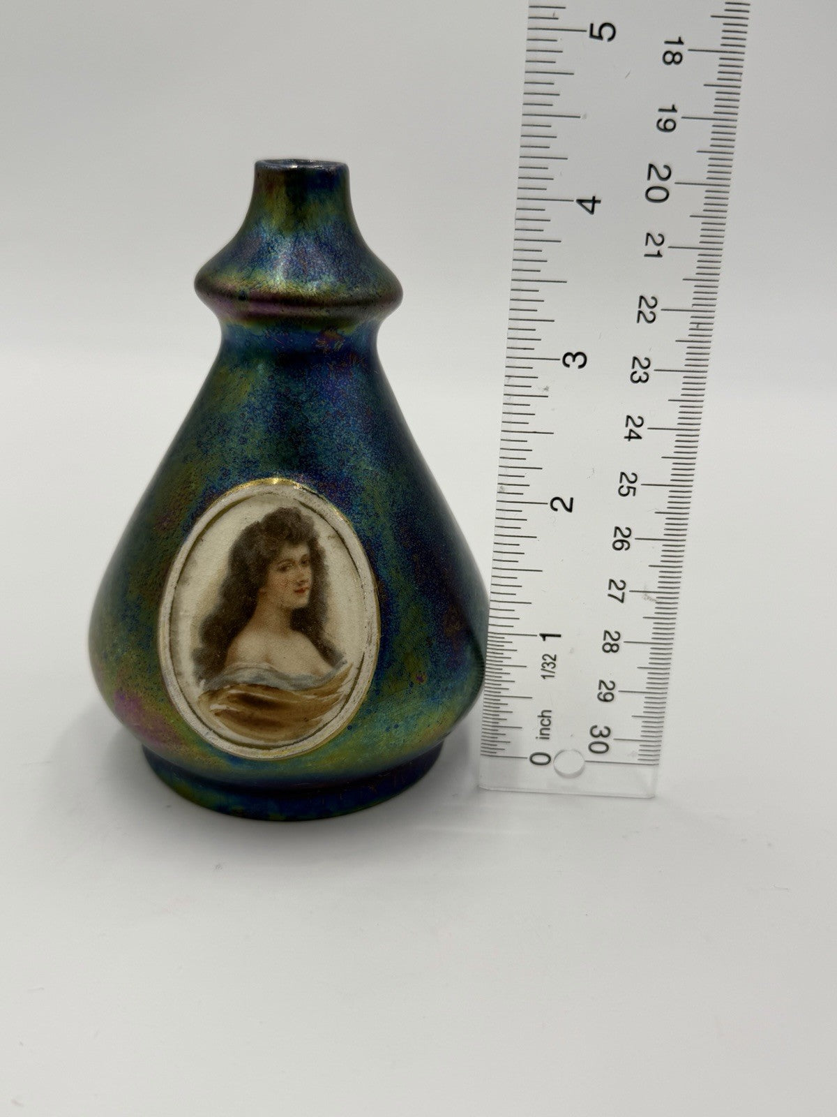 Heliosine Art Nouveau Austrian Iridescent Portrait Cameo Woman Vase 4.5” Antique