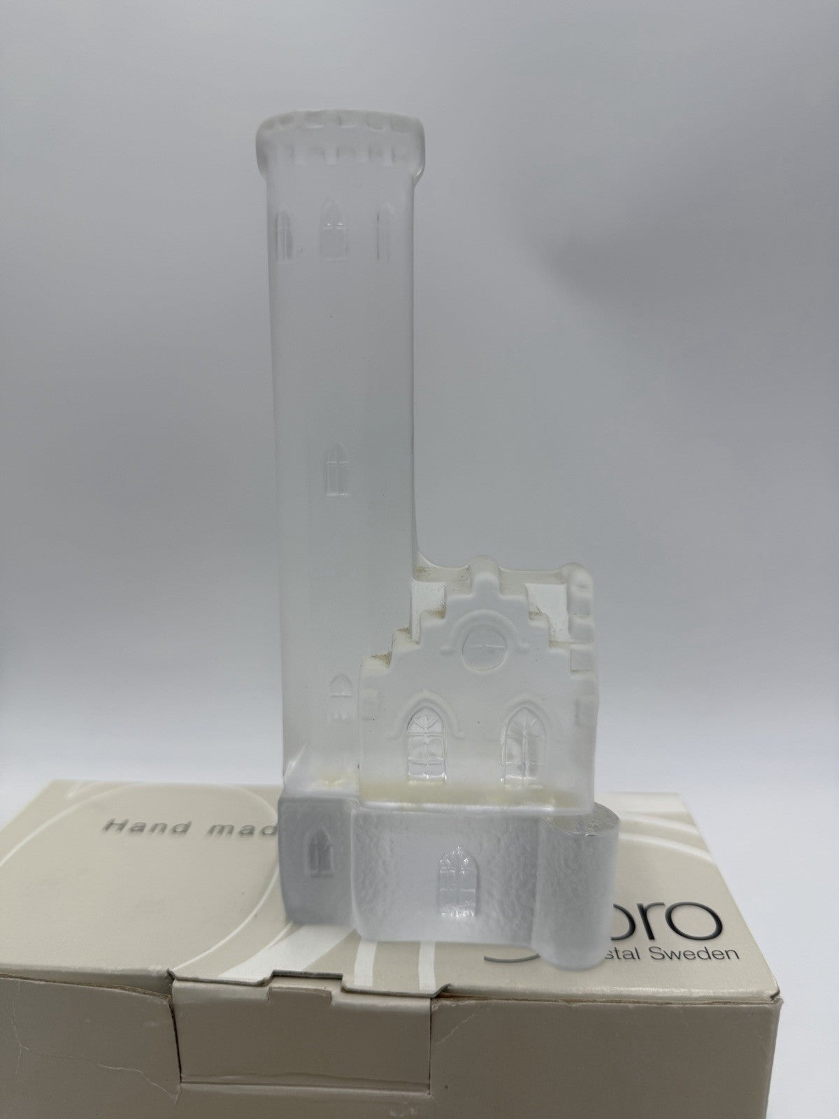 Nybro crystal Sweden votive candle holder Oscarsborg watch tower Box /COA