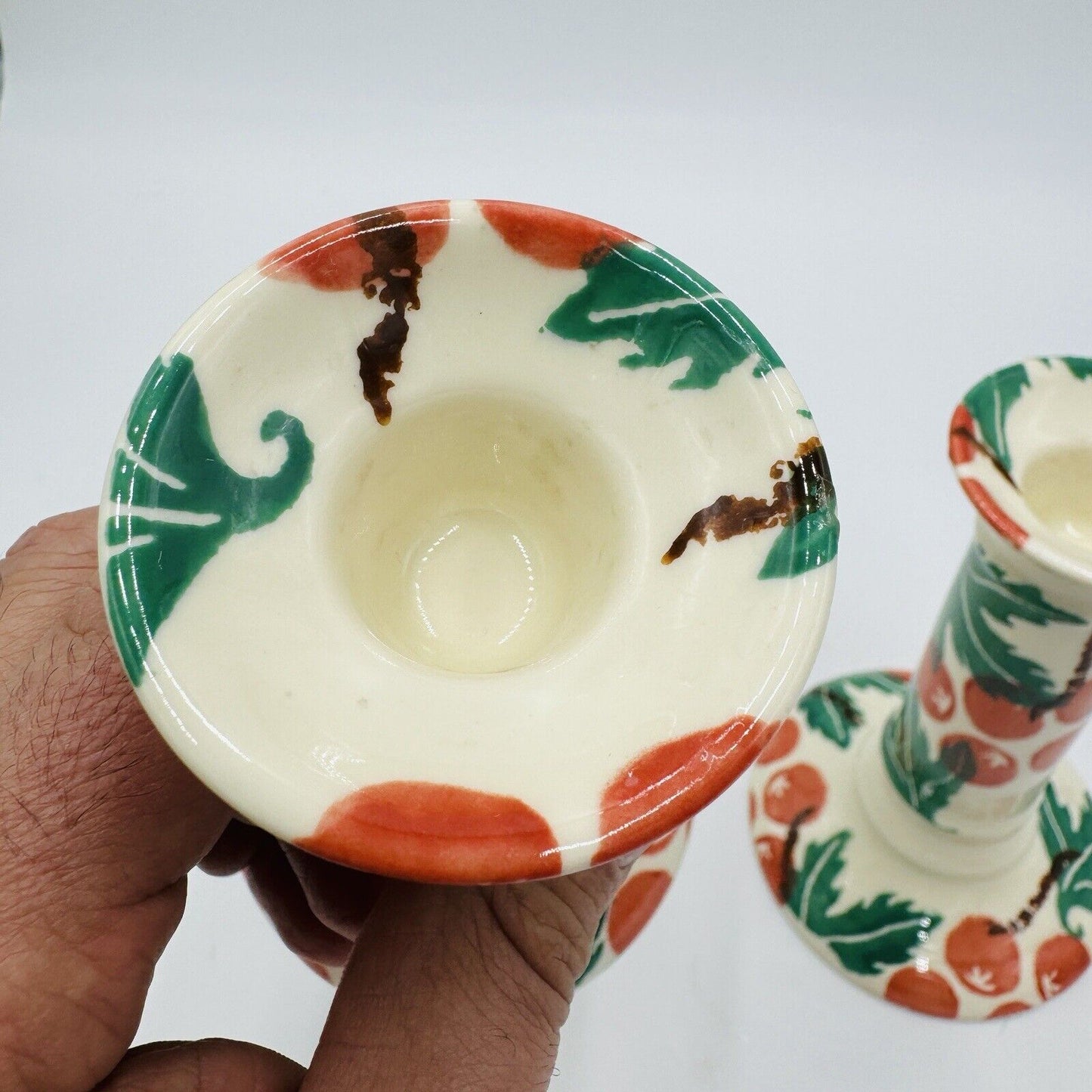 Moorland Candle Holders Staffordshire England Hand Painted Ceramic 6in Antique