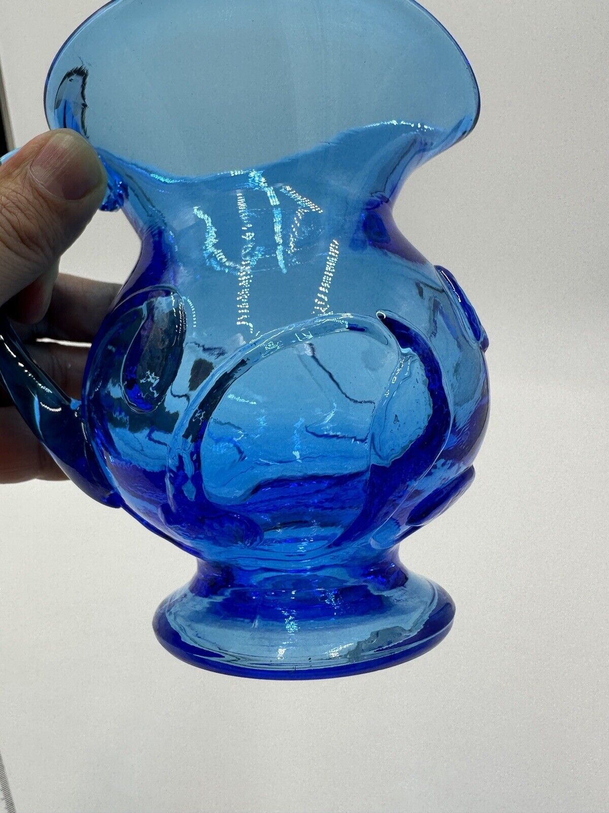 Electric Blue Pitcher Art Glass Hand Blown Floral Pressed Handled Decor Vintage