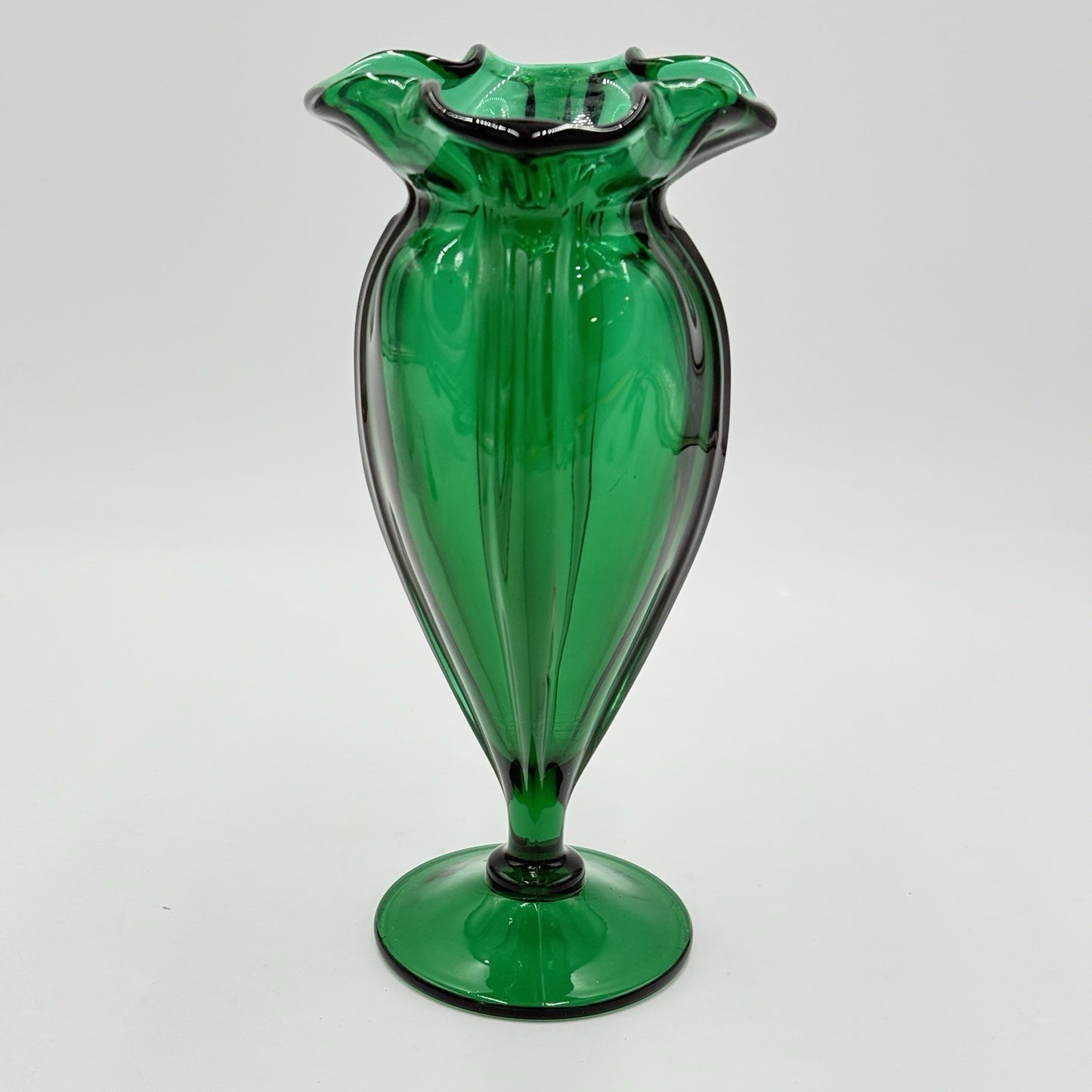 MCM Wayne Husted Stelvia emerald green art glass ruffled compote Vase 9.5”