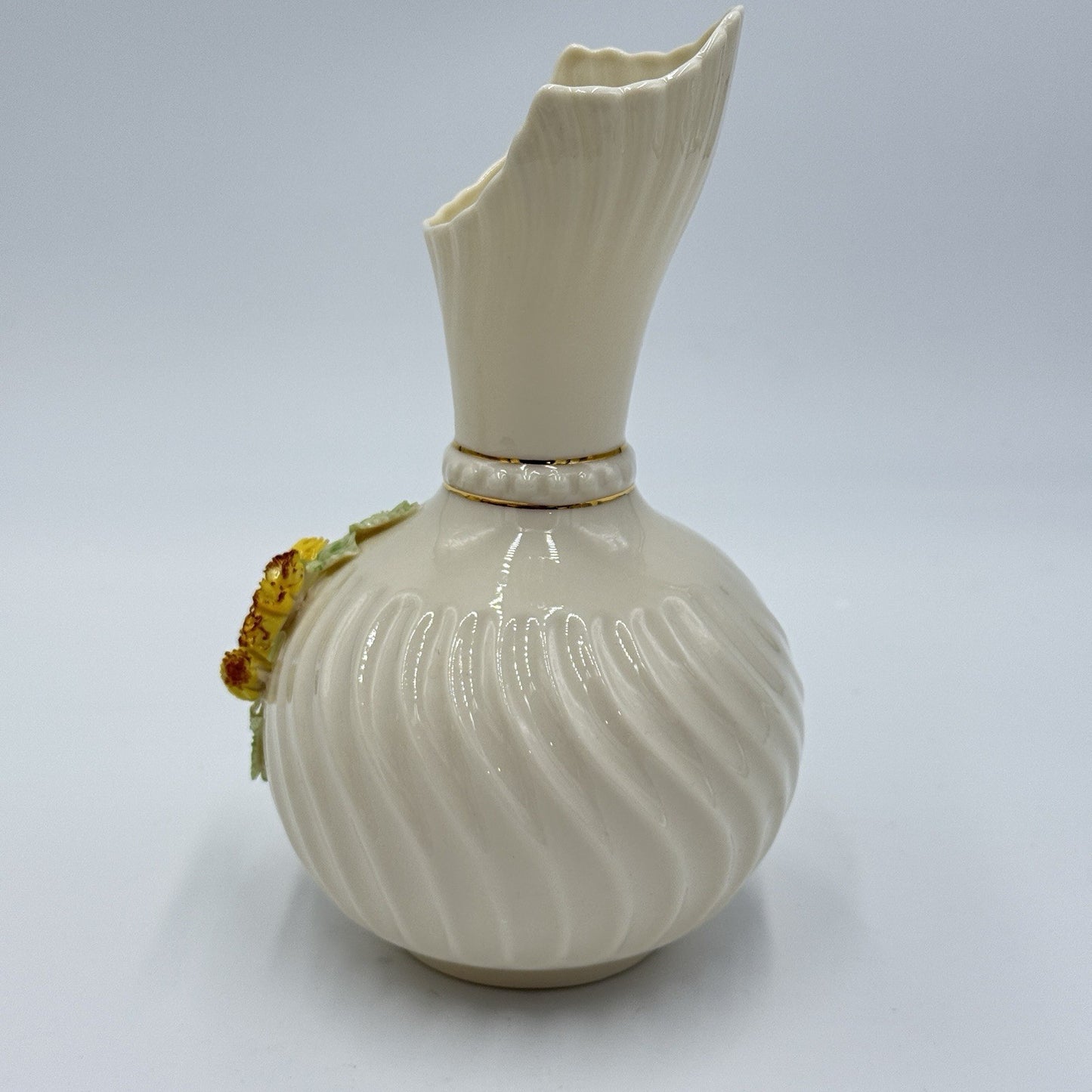 Belleek Ireland Vase Off White Applied Yellow Floral Vintage 7in Tall Porcelain