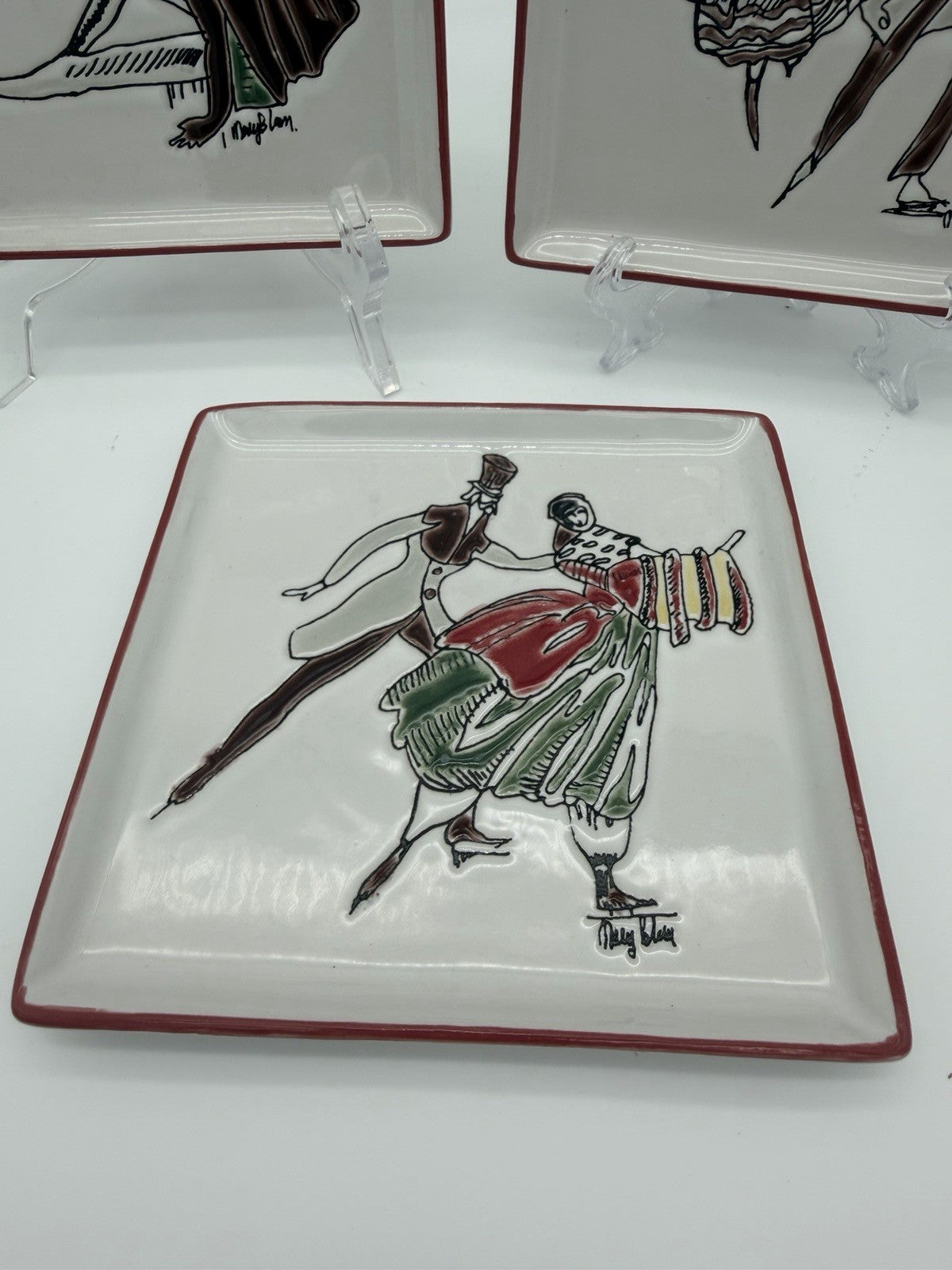 Rare Mary Blair Signed Stoneware Square Skating On Ice Trays Victorian Couples