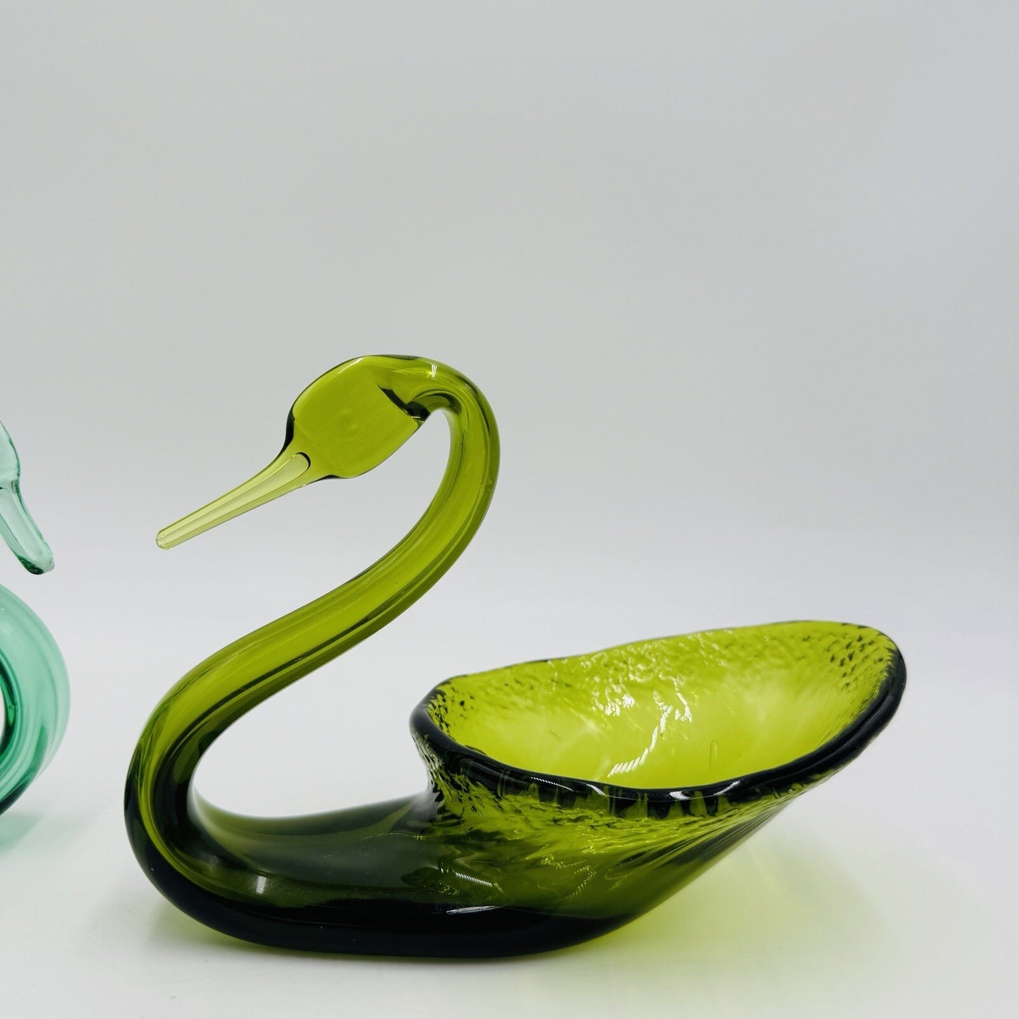 Viking Swan Figurines Art Glass Green Avocado Clear Vintage MCM Set 3 Pieces