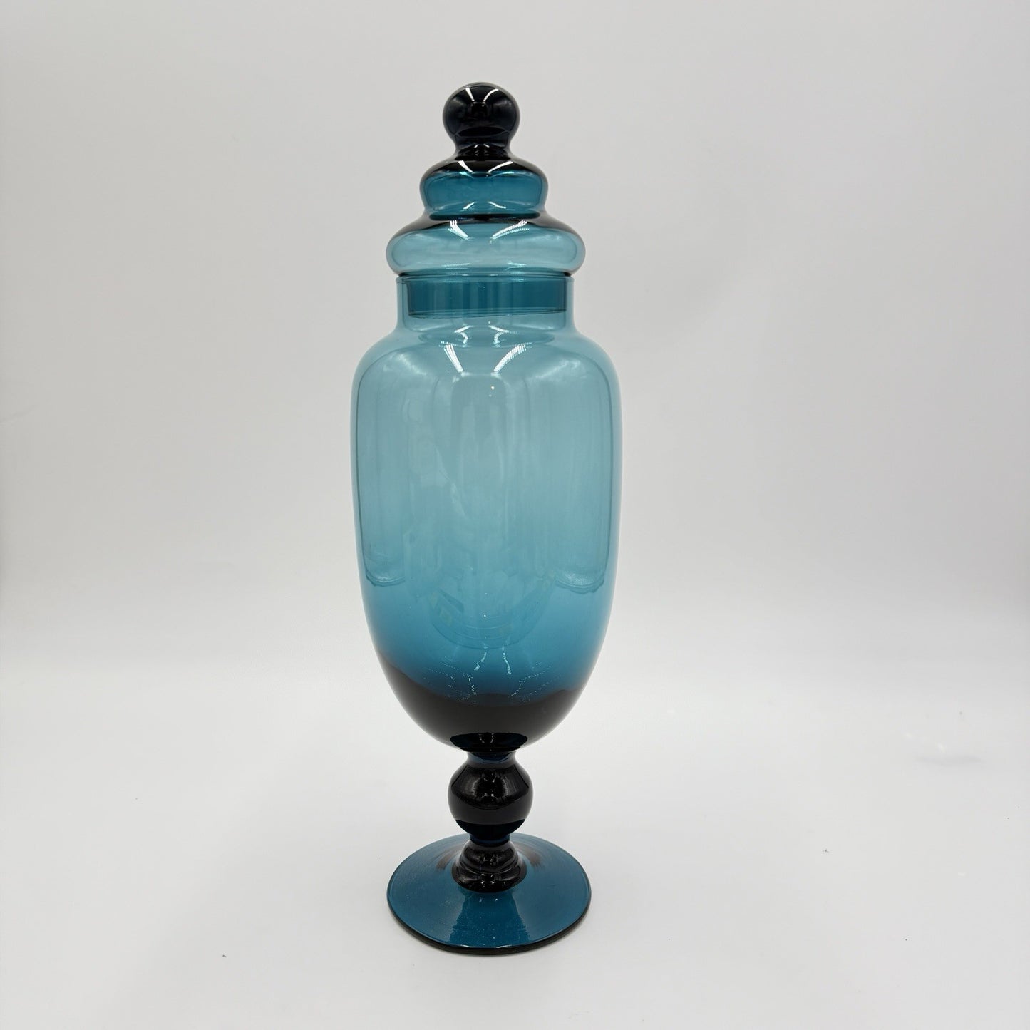 Rare Empoli Teal Italy MCM Blue Footed Apothecary Jar Lidded Vase 13” Art Glass