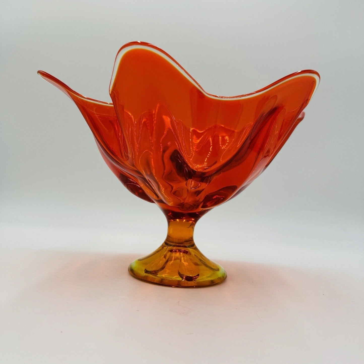 Viking Art Glass MCM Footed Amberina Orange Compote Epic 6 Petals Bowl 7.5”x 11"