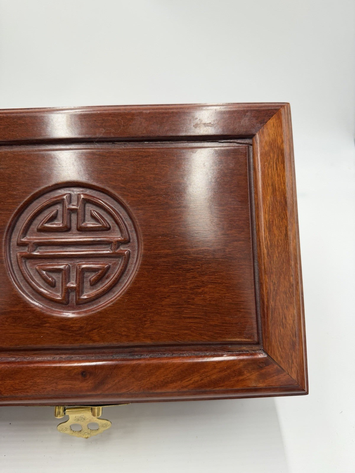 Vintage Chinese Jewelry Carved Rosewood Brass Accents Red Lining Jewelry Box