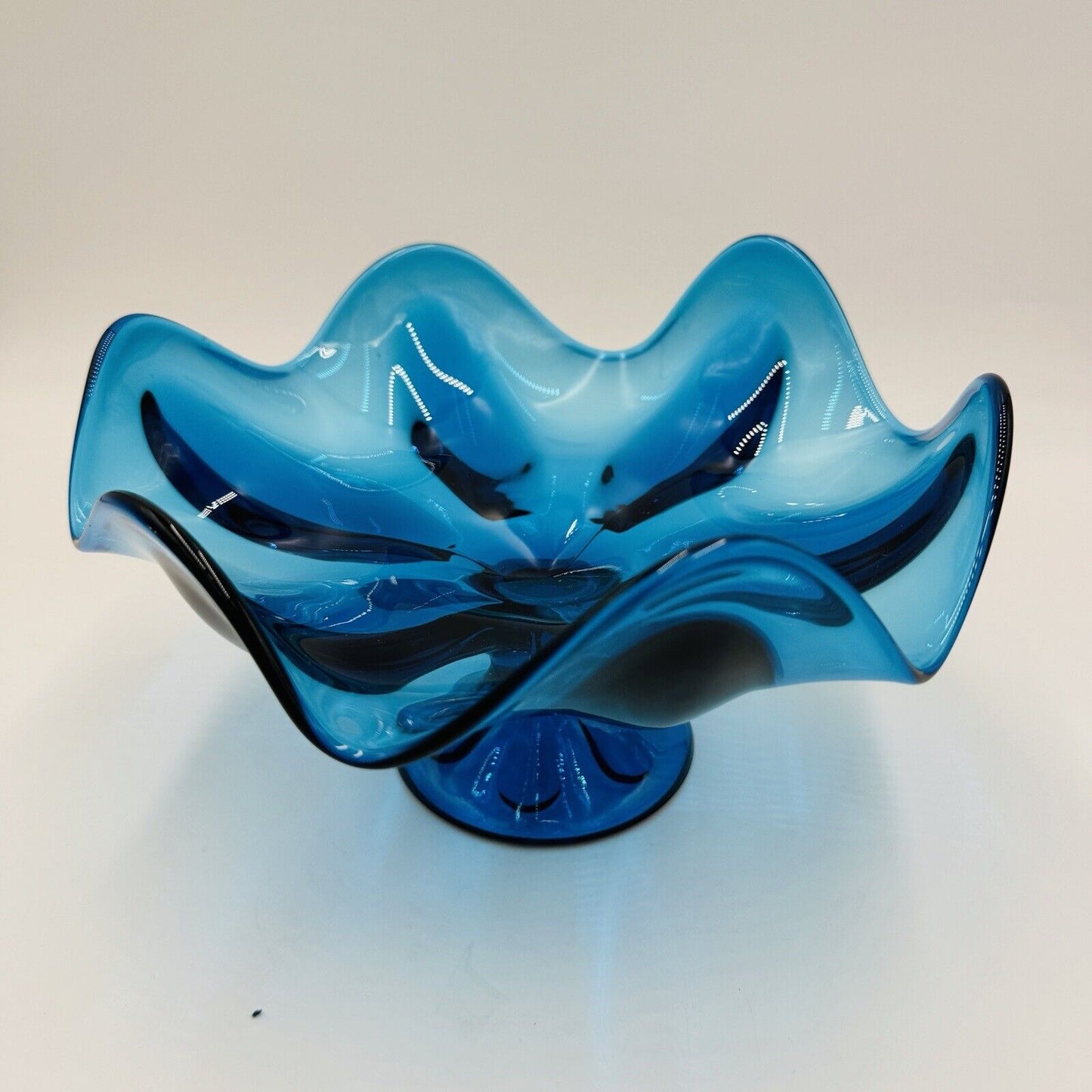Viking Art Glass Teal Aqua Blue Pedestal Dish Compote Bowl Vintage Mid Century