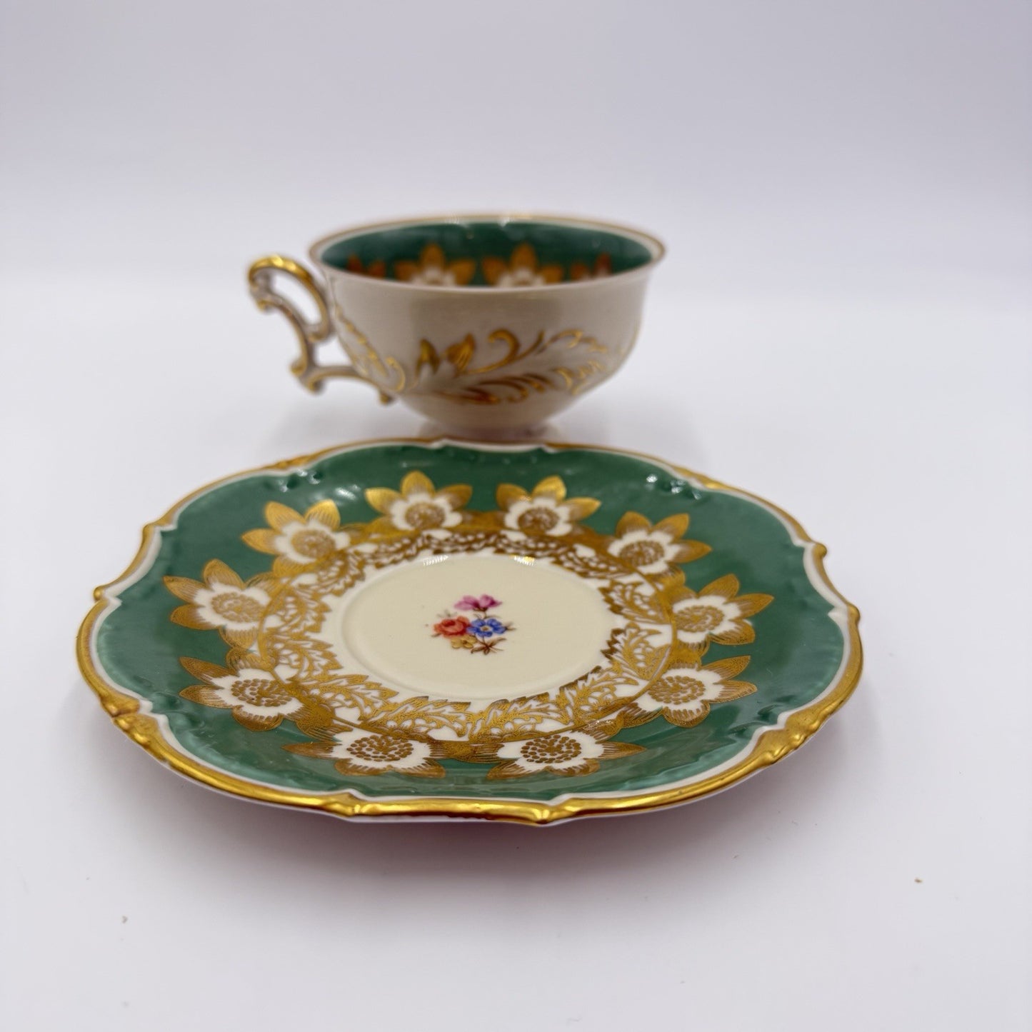 Antique Schwarzenhammer Bavaria Porcelain Gold Trim tea cup & saucer Green