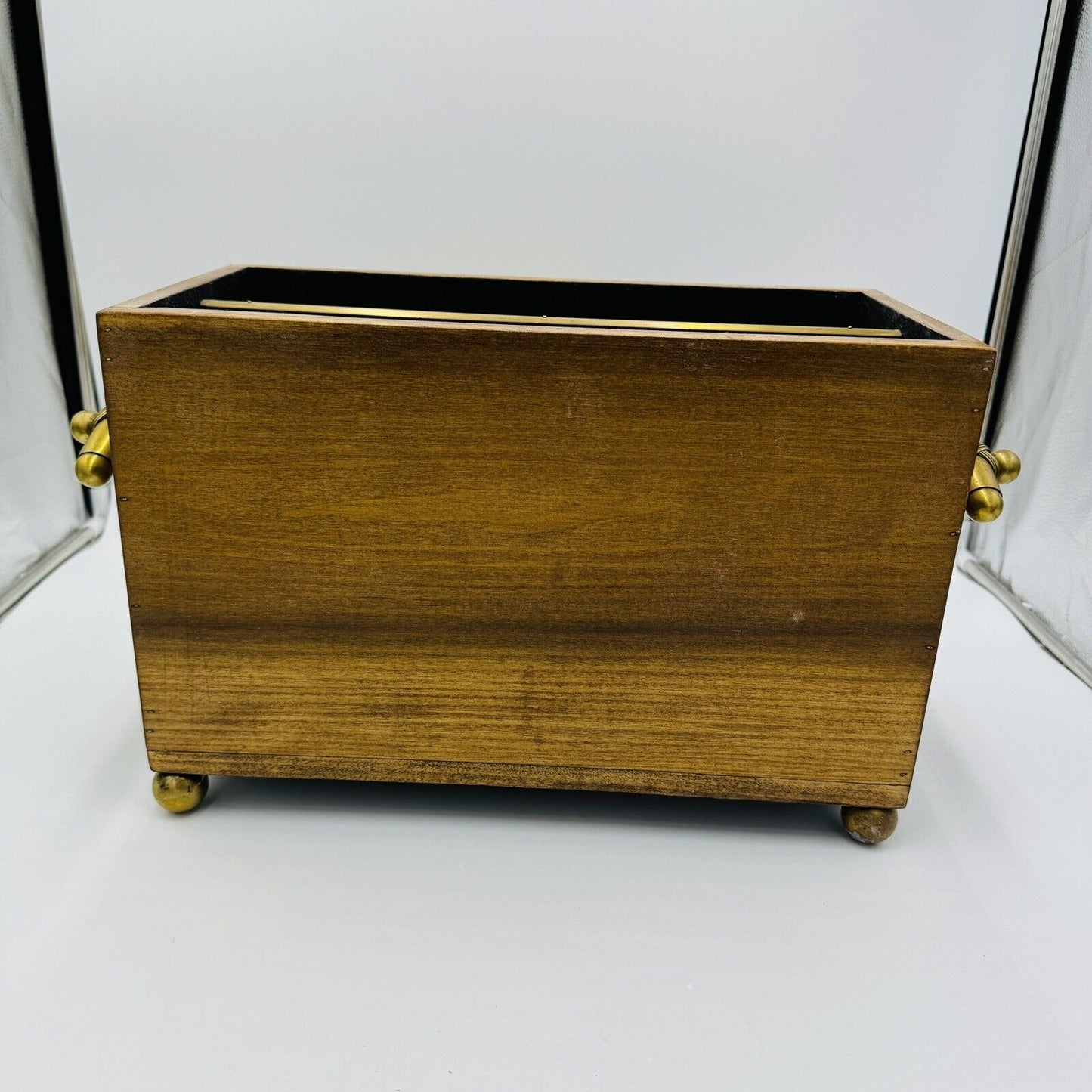 Magazine Holder Brass Handles Vintage Solid Wood Hollywood Regency Storage Decor