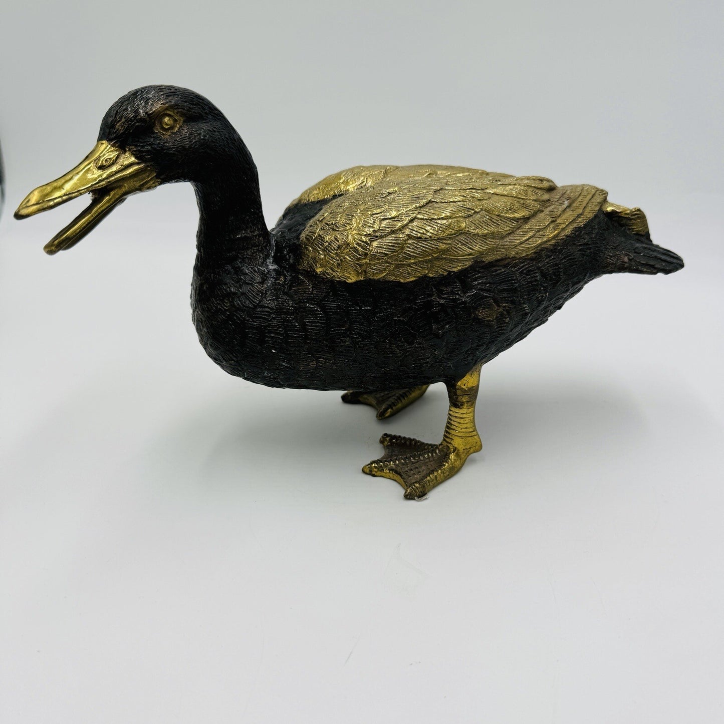 MCM Solid Brass Duck Mallard Sculpture Detailed Vintage 6in H x 11in L Rare