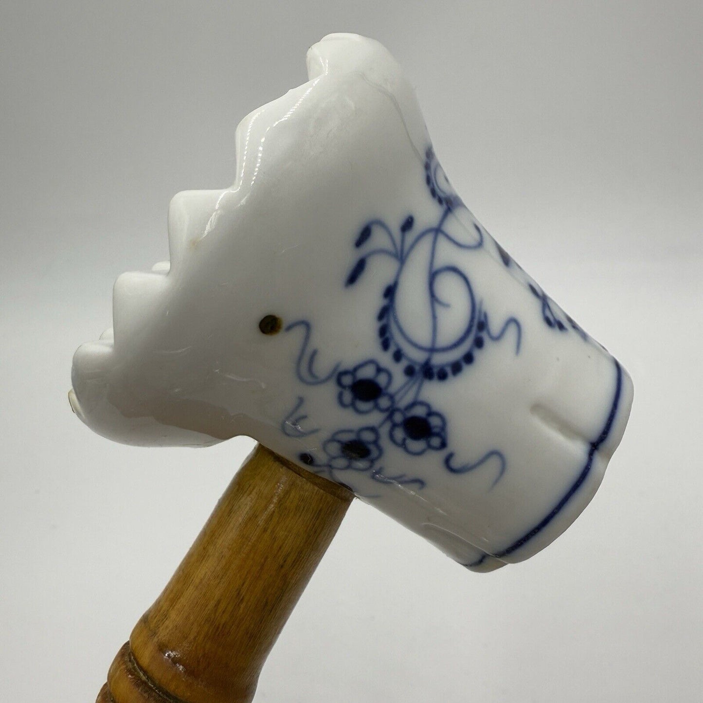 Antique Meissen Germany Blue Onion Meat Tenderizer with Wooden Handle Flaw