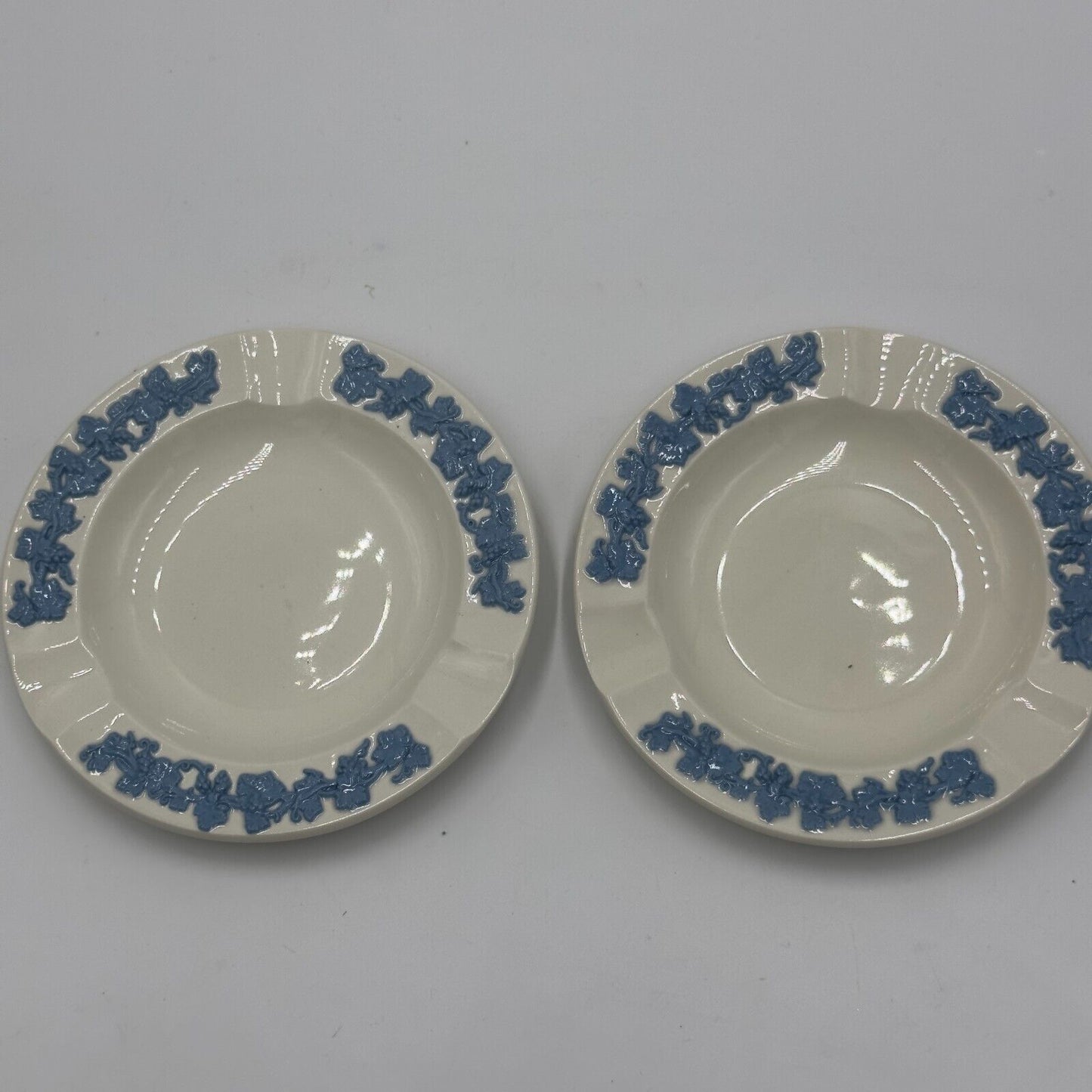 Wedgwood Ashtray Set of 2 Embossed Queens Ware Blue White Grape Vine Home Decor