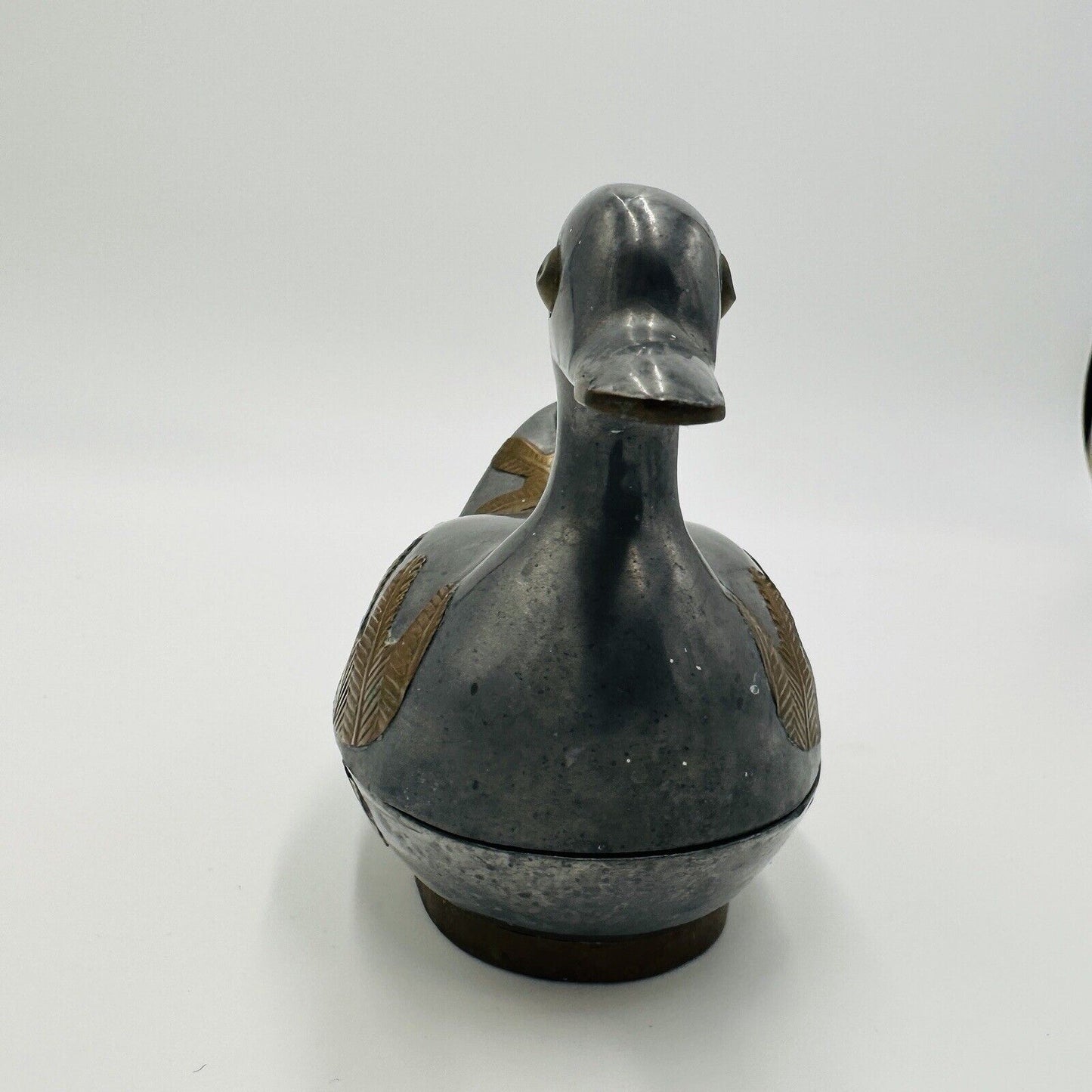Duck Trinket Jewelry Box Pewter Brass Metal Hand Crafted Vintage 1960s MCM