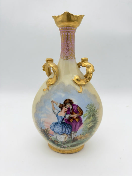 Antique Elite Limoges France Jean Pouyat C.1900 Porcelain 10” Handled Gold Vase