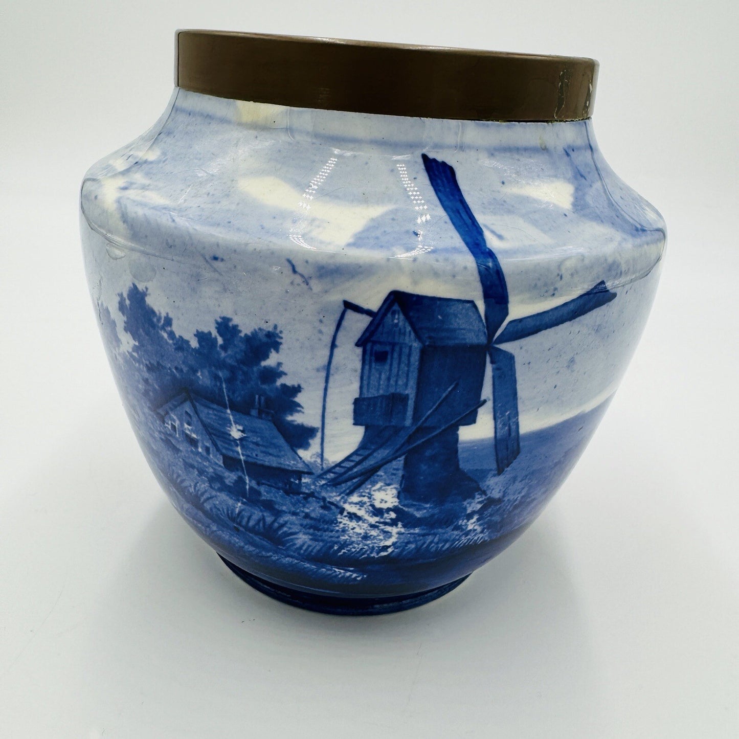 Rare Delft White & Blue Pottery Dutch Bronze Rim Nautical Antique Unmarked 6in H
