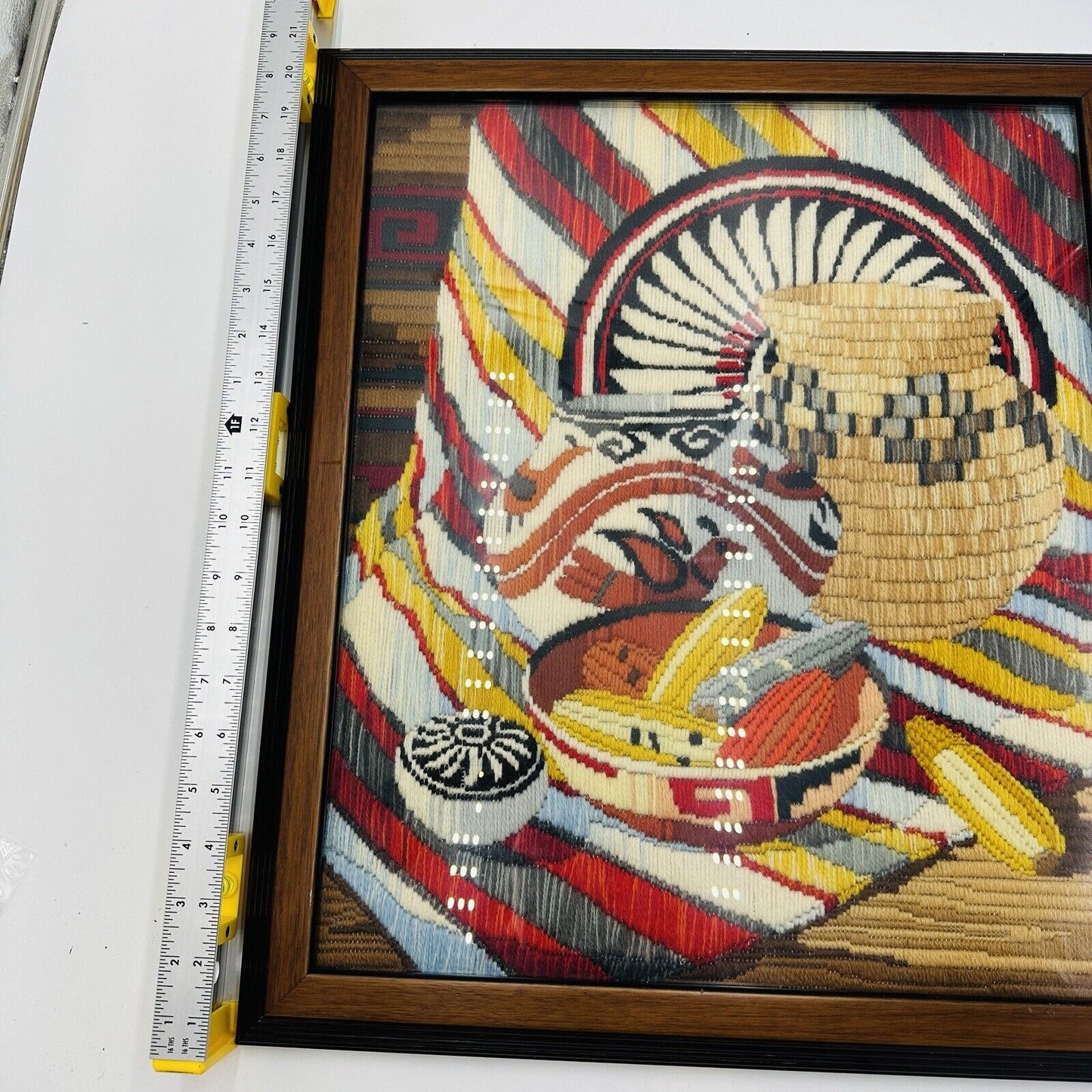 Rare Reinardy Native American Long-Stitch Needlepoint Basket Wall Art Framed