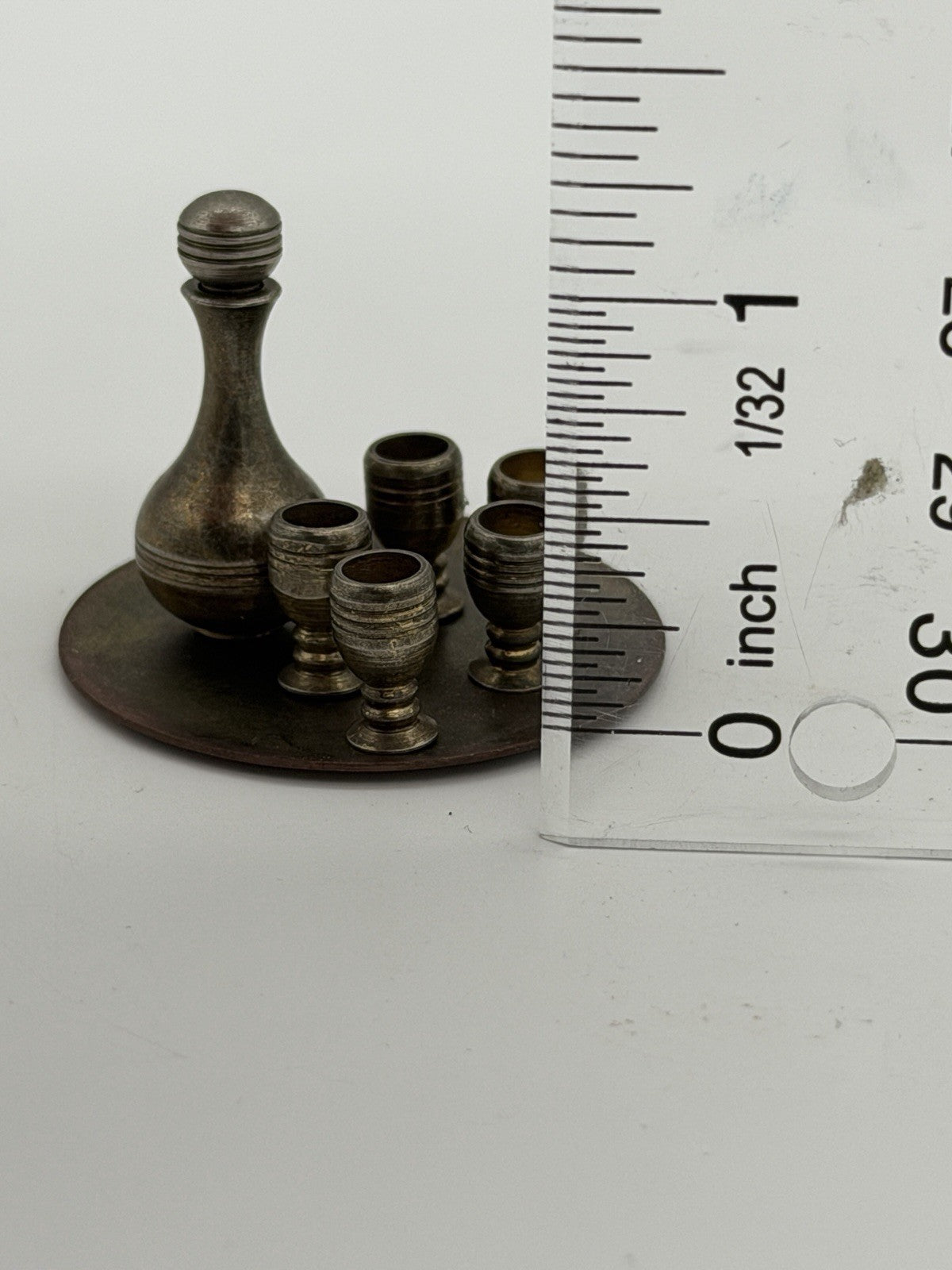 Vintage Dollhouse Miniature Brass 7pc Wine Set Tray Mini Goblets & Decanter 1:12