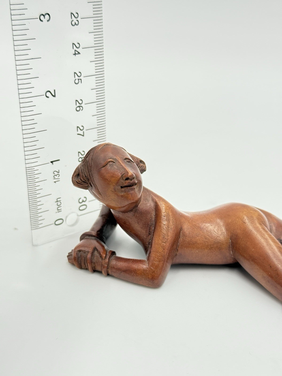 Antique Chinese Netsuke Wood Carved Women Posing Figurine Folk Art Hand Carved
