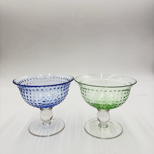 Vintage Hobnail Art Glass Blue Green Dessert Sherbet/Glasses Pair