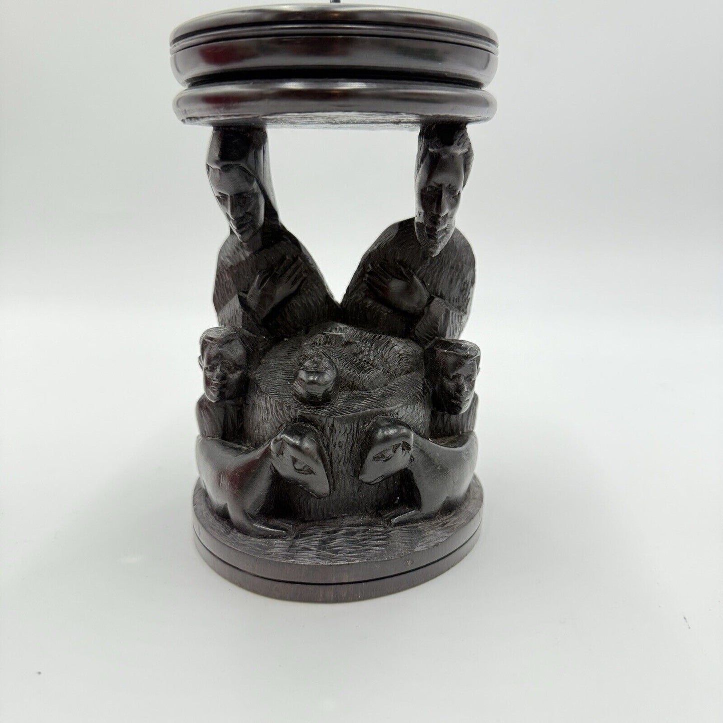 Vintage hand Carved Ebony Wood Nativity Candle Holder Solid Folk Art 6.5”