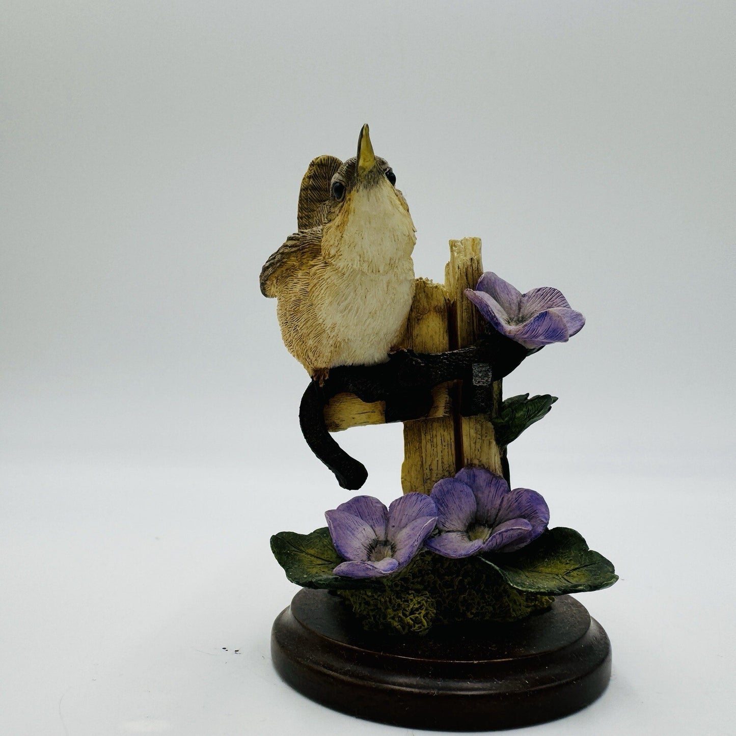 Country Artists Hand Painted House Wren w Violets Wood Base Figurine Vintage 4in