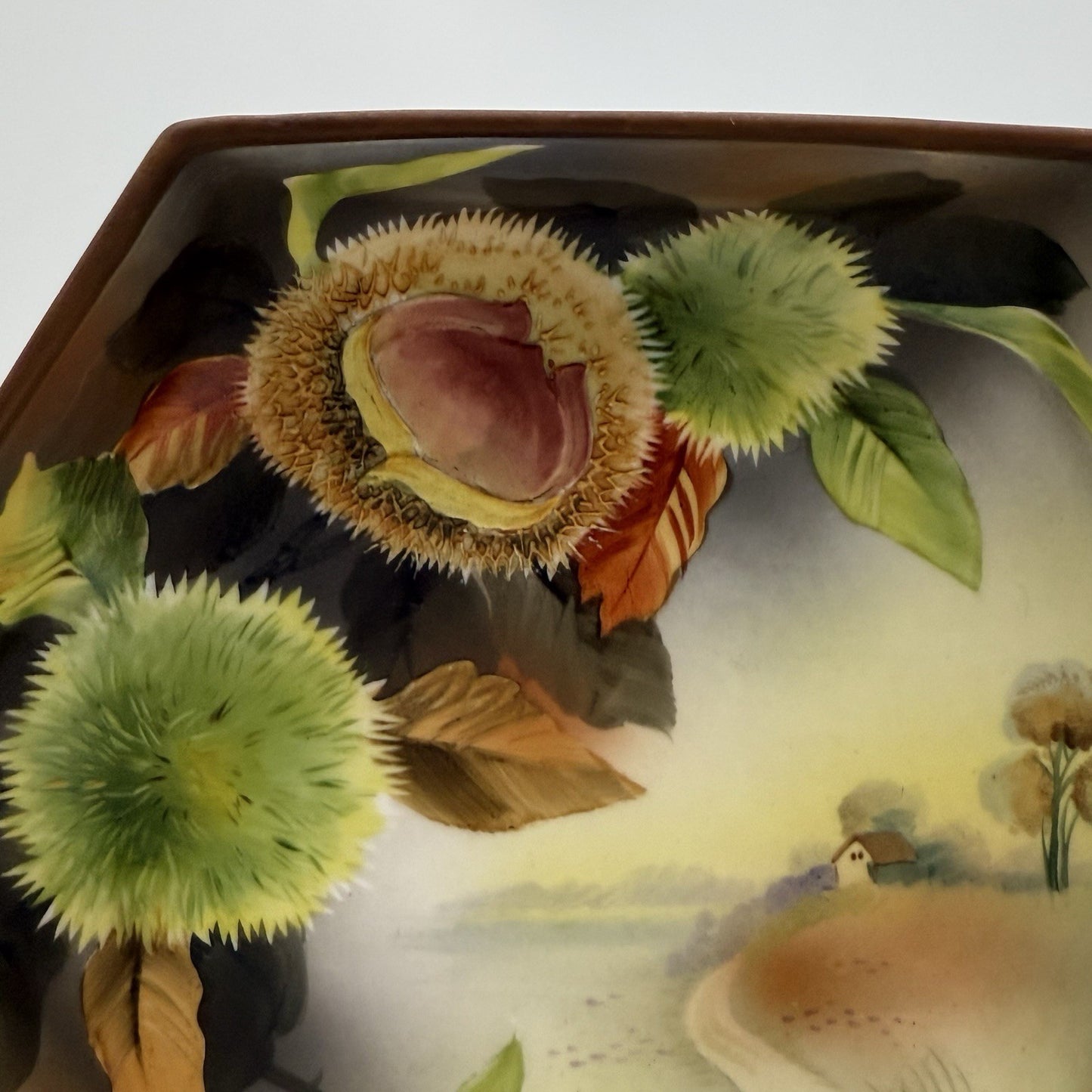 Antique Nippon Morimura Hand Painted Chestnuts Bowl Circa 1911-1922 Hexagonal