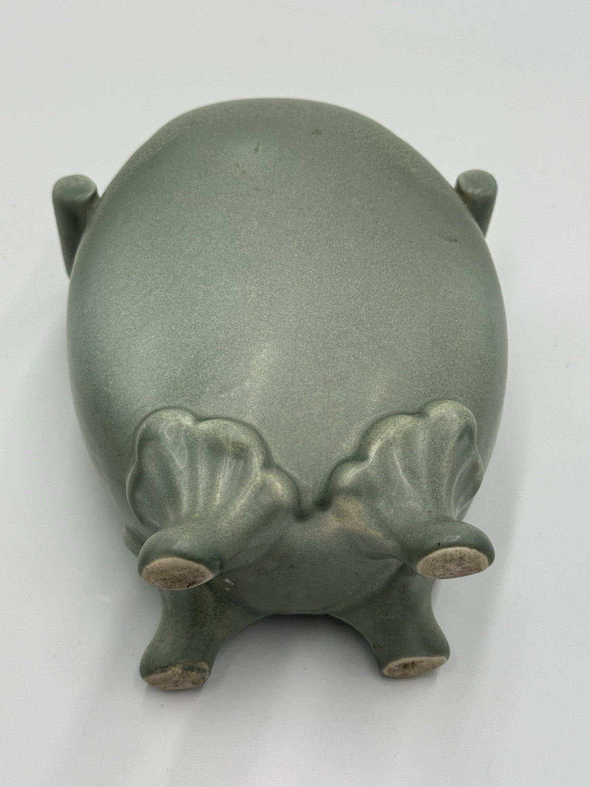 Celadon Art Pottery Green Footed Vase Double Handle Chinese 6.5”h X 2”w X 5.5”