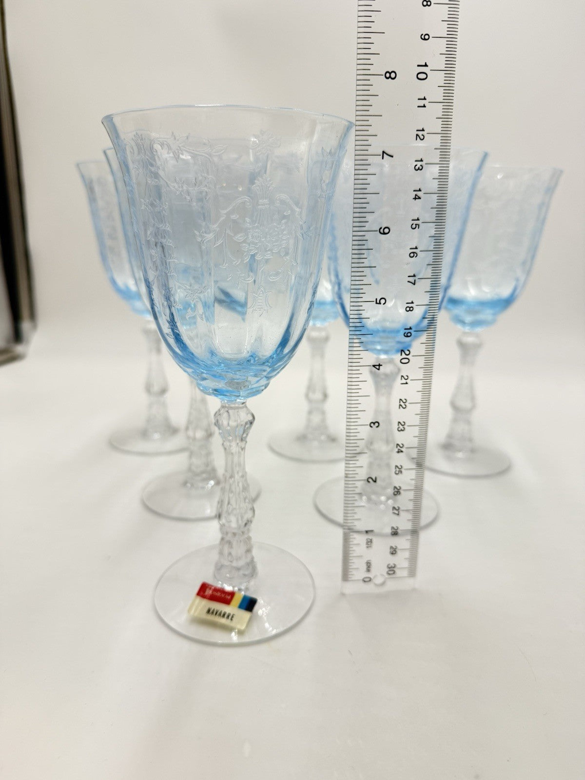 Fostoria Navarre Blue Art Glass Water Goblets Vintage Etched Floral 7.5” Set 6
