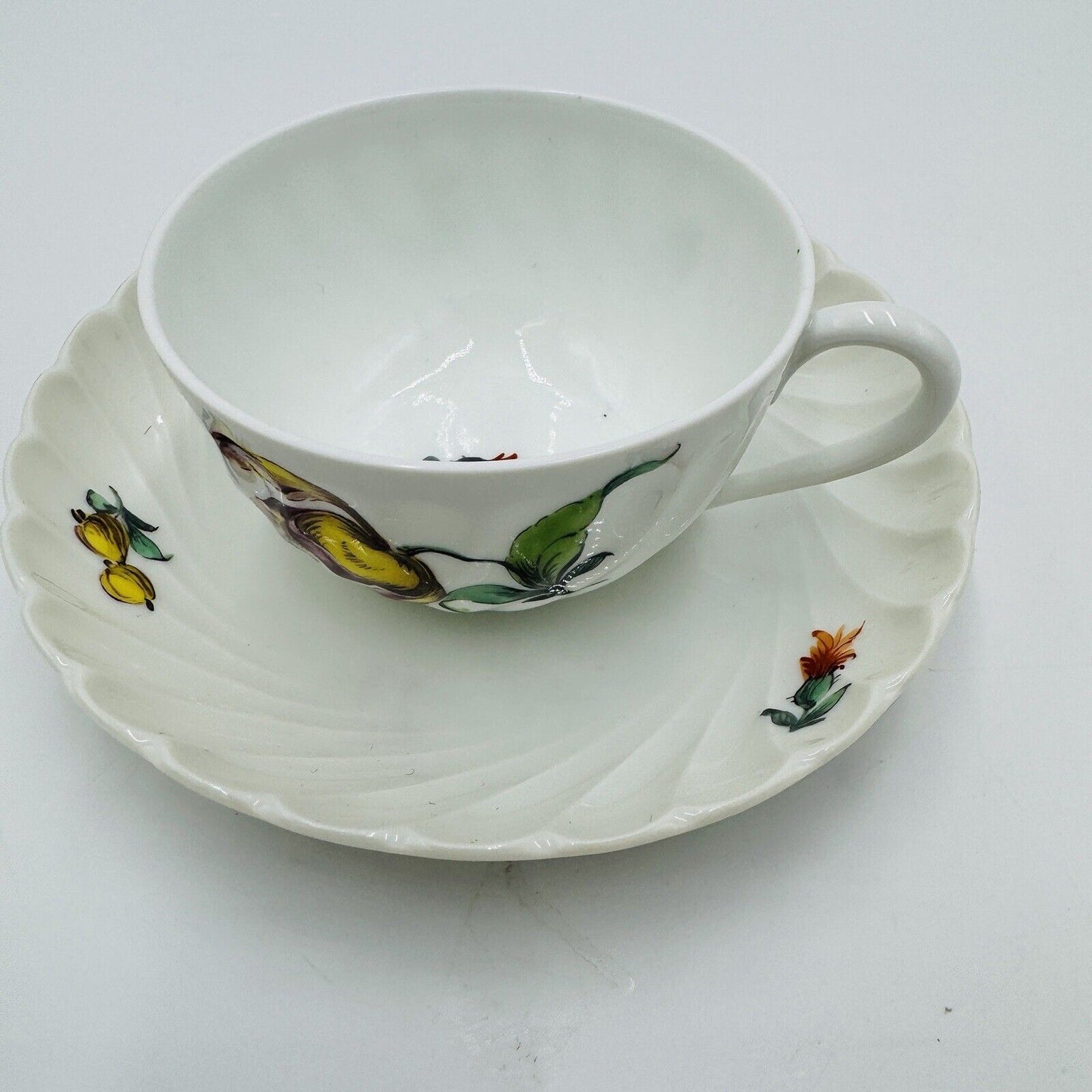 Nymphenburg Teacup & Saucer Porcelain Germany Welle Ribbed 1632 Floral Antique