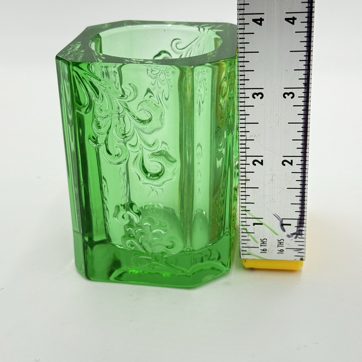 Vintage Tittot Art Glass Green Emerald Embossed Vase 3.5”H Candle Holder Votive