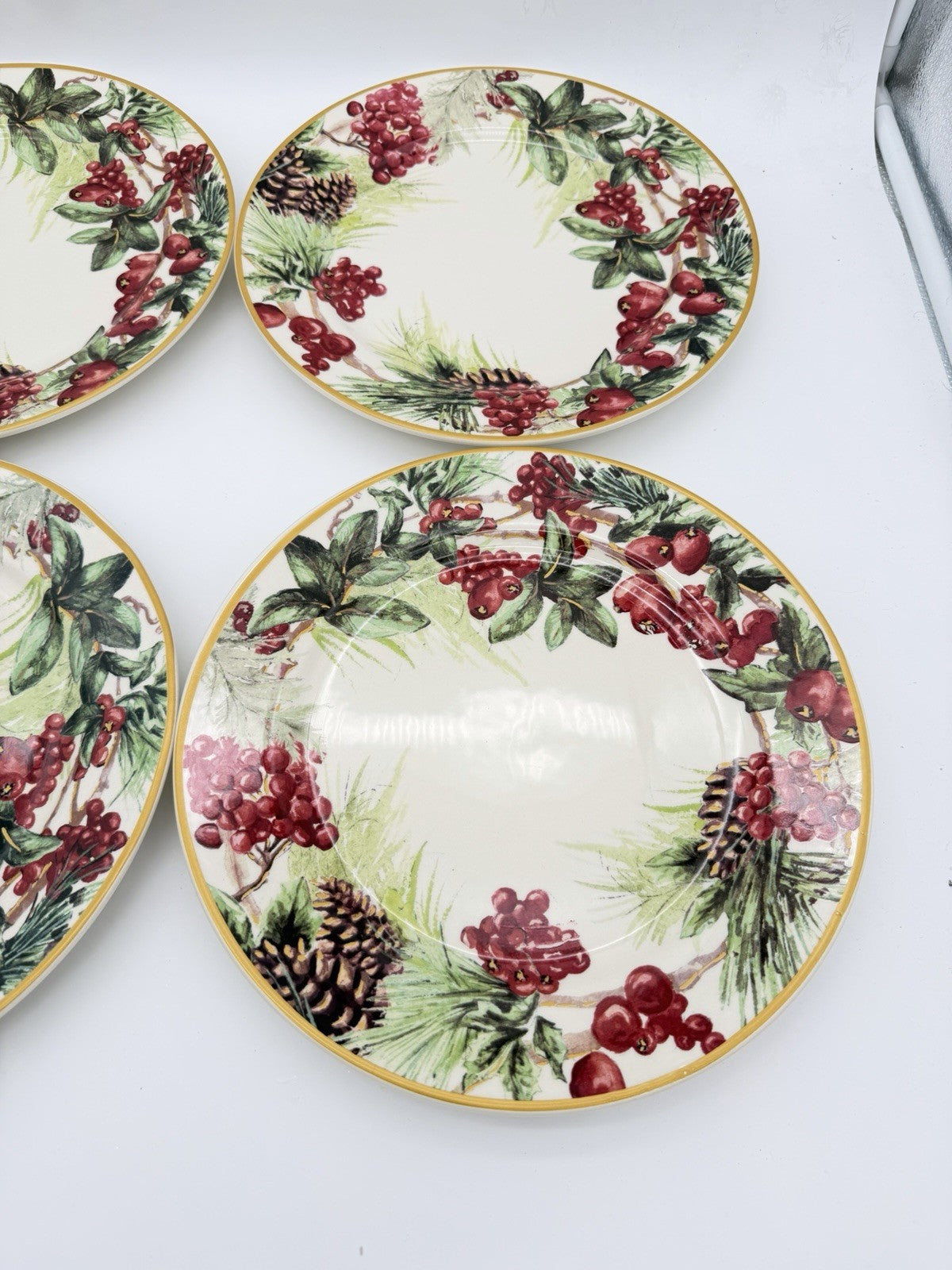 Botanical Wreath Williams Sonoma Dinner Plates 10.5” Red Berries & Pinecones 4