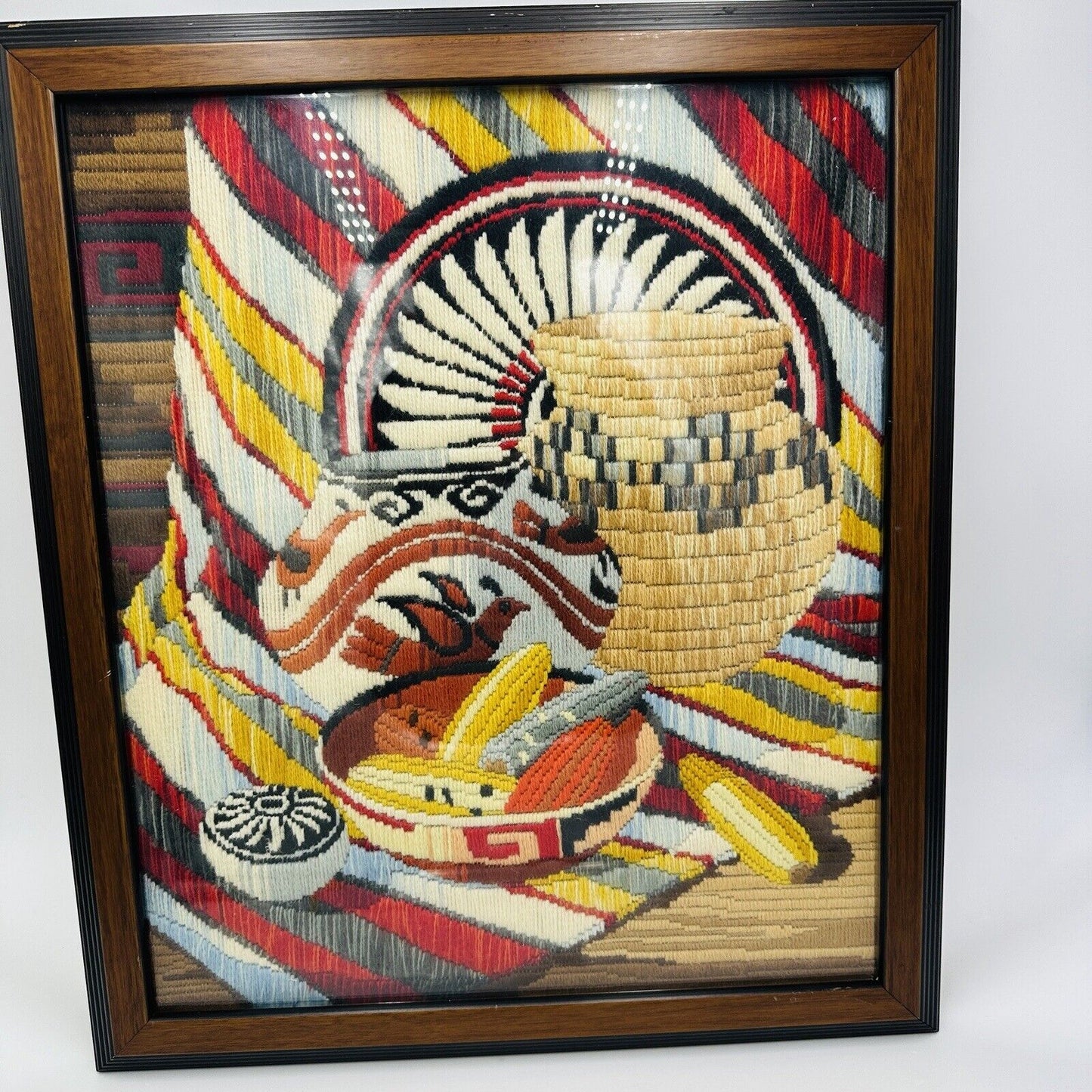 Rare Reinardy Native American Long-Stitch Needlepoint Basket Wall Art Framed