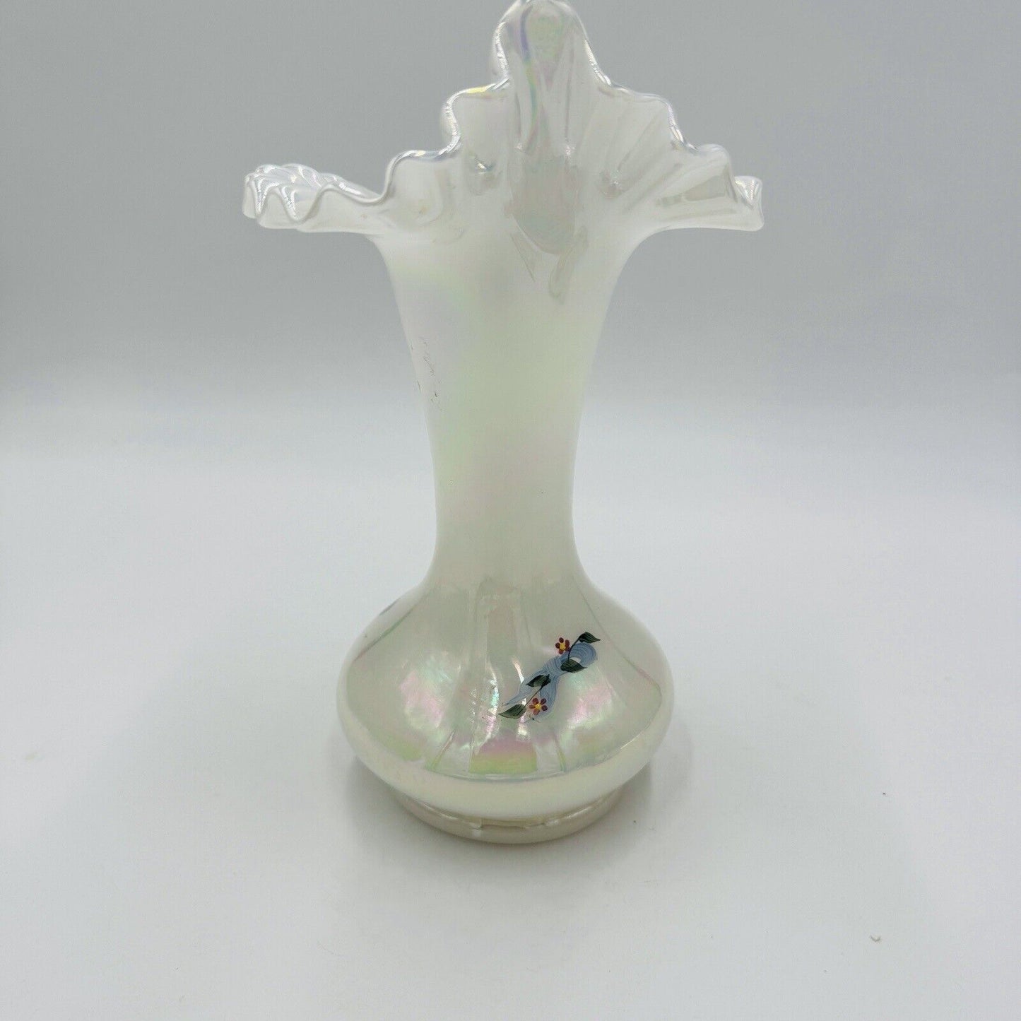 Fenton Art Glass Floral Iridescent Jack In The Pulpit Vase Handpainted Signed 9"