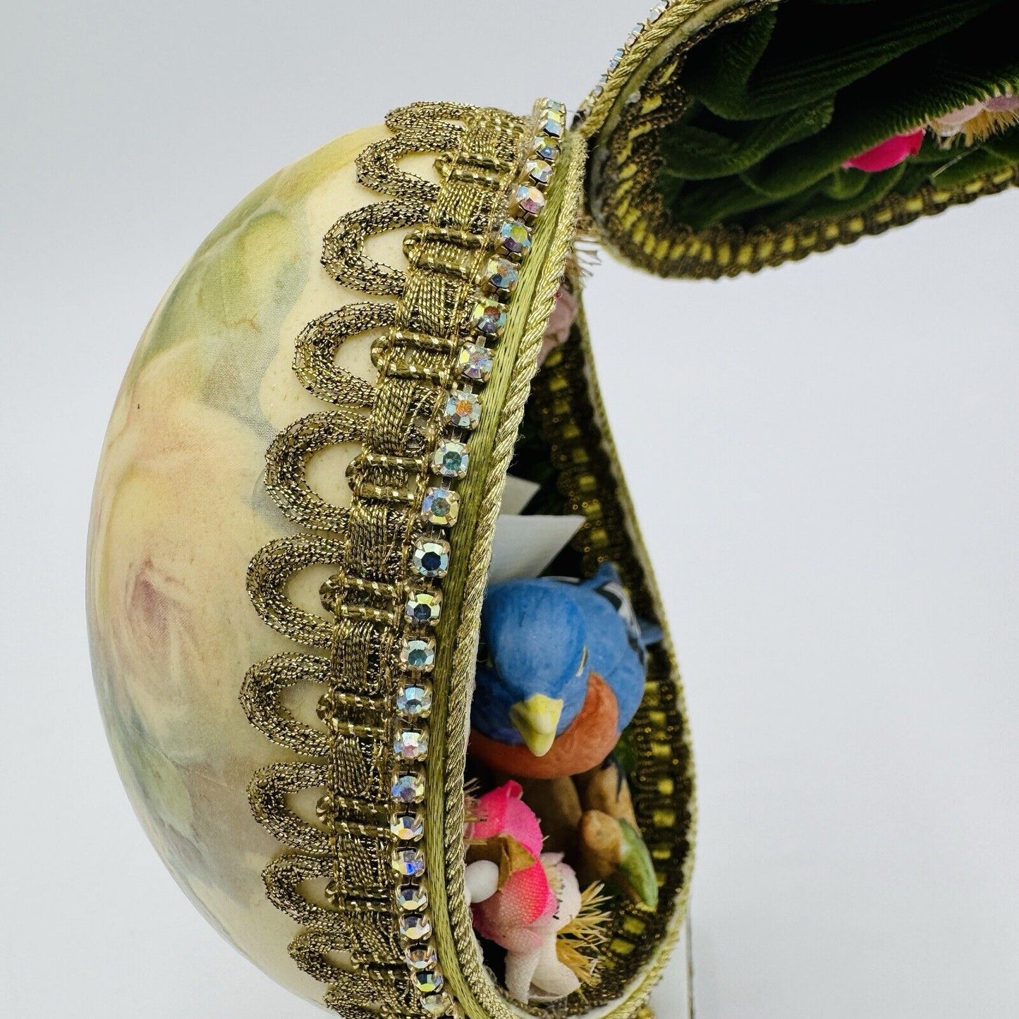 Vintage Ostrich Egg Ornate Hand Decorated Brass & Marble Base Green Velvet Lined