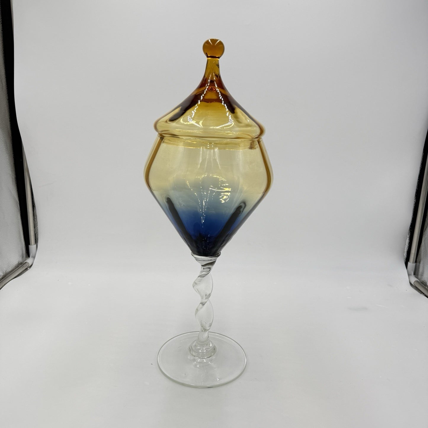 MCM Italian Empoli art Glass Apothecary Jar multicolor amber blue compote 16”