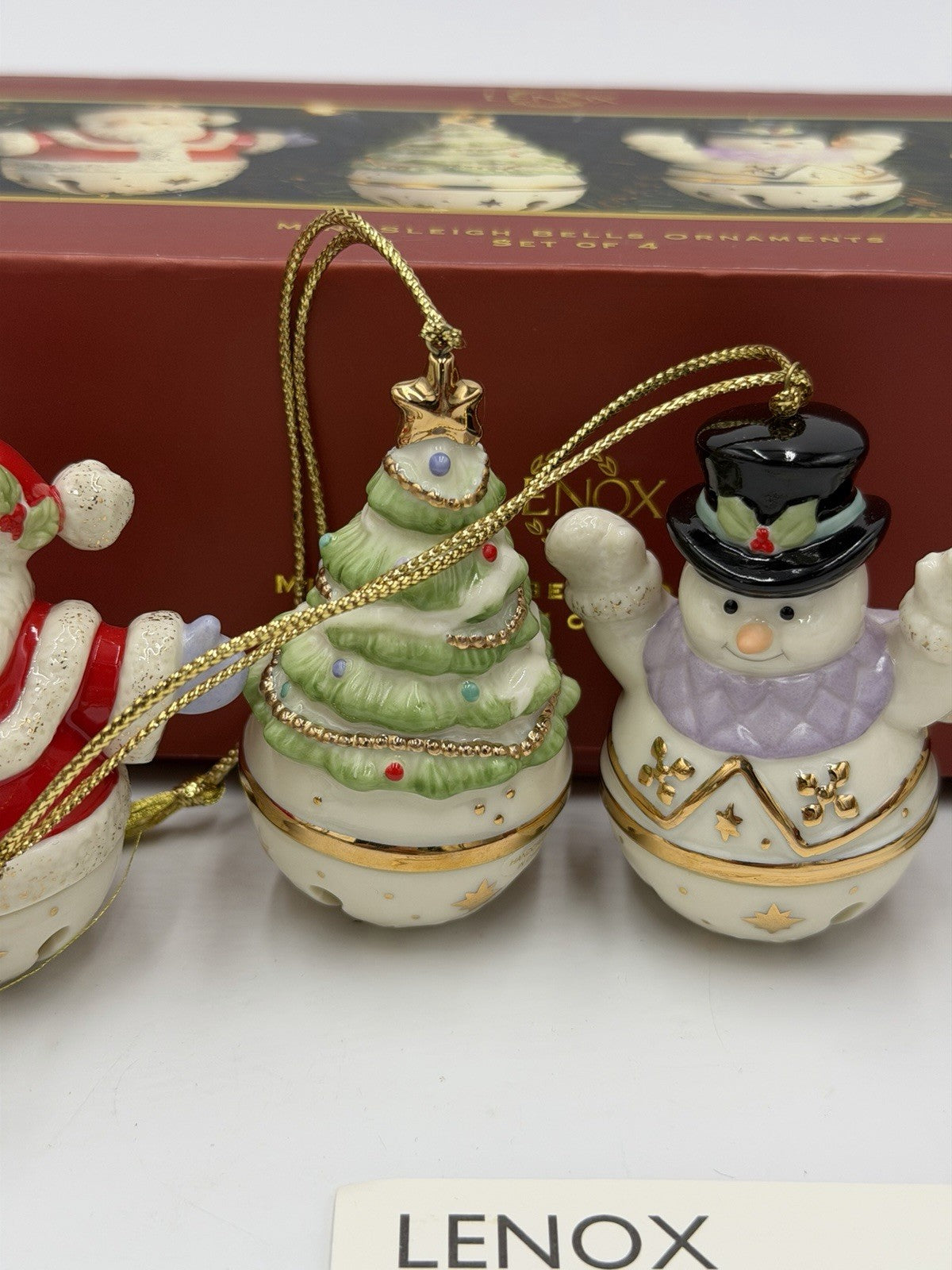Lenox Porcelain USA Mini Sleigh Bells Ornaments Set Of 4 Reindeer Santa Snowman