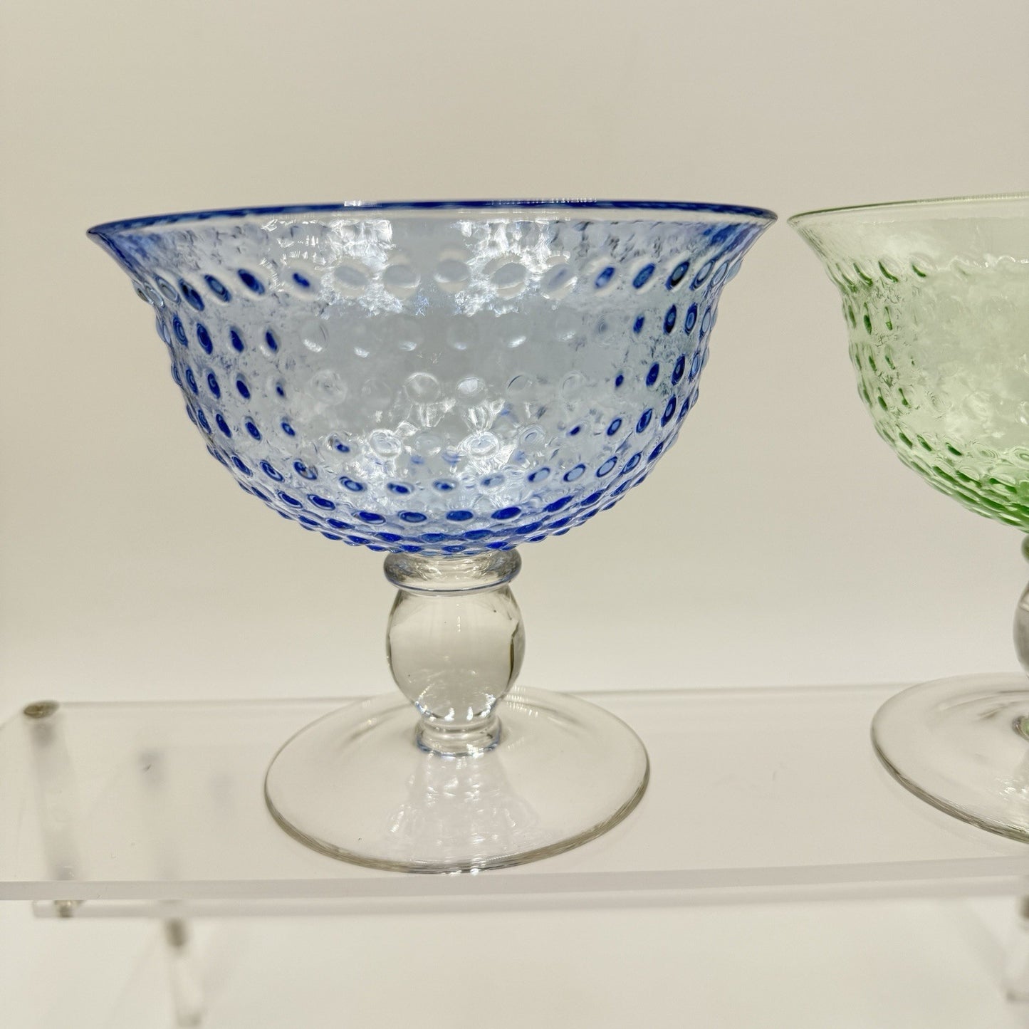 Vintage Hobnail Art Glass Blue Green Dessert Sherbet/Glasses Pair