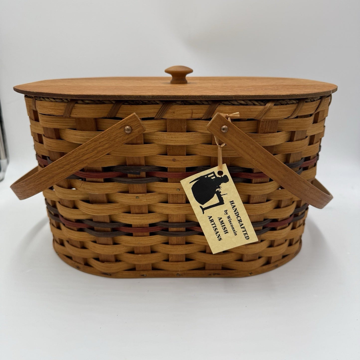 Vintage Amish Artisans Handcrafted Oval Sewing Basket Folk Art Wisconsin Rare