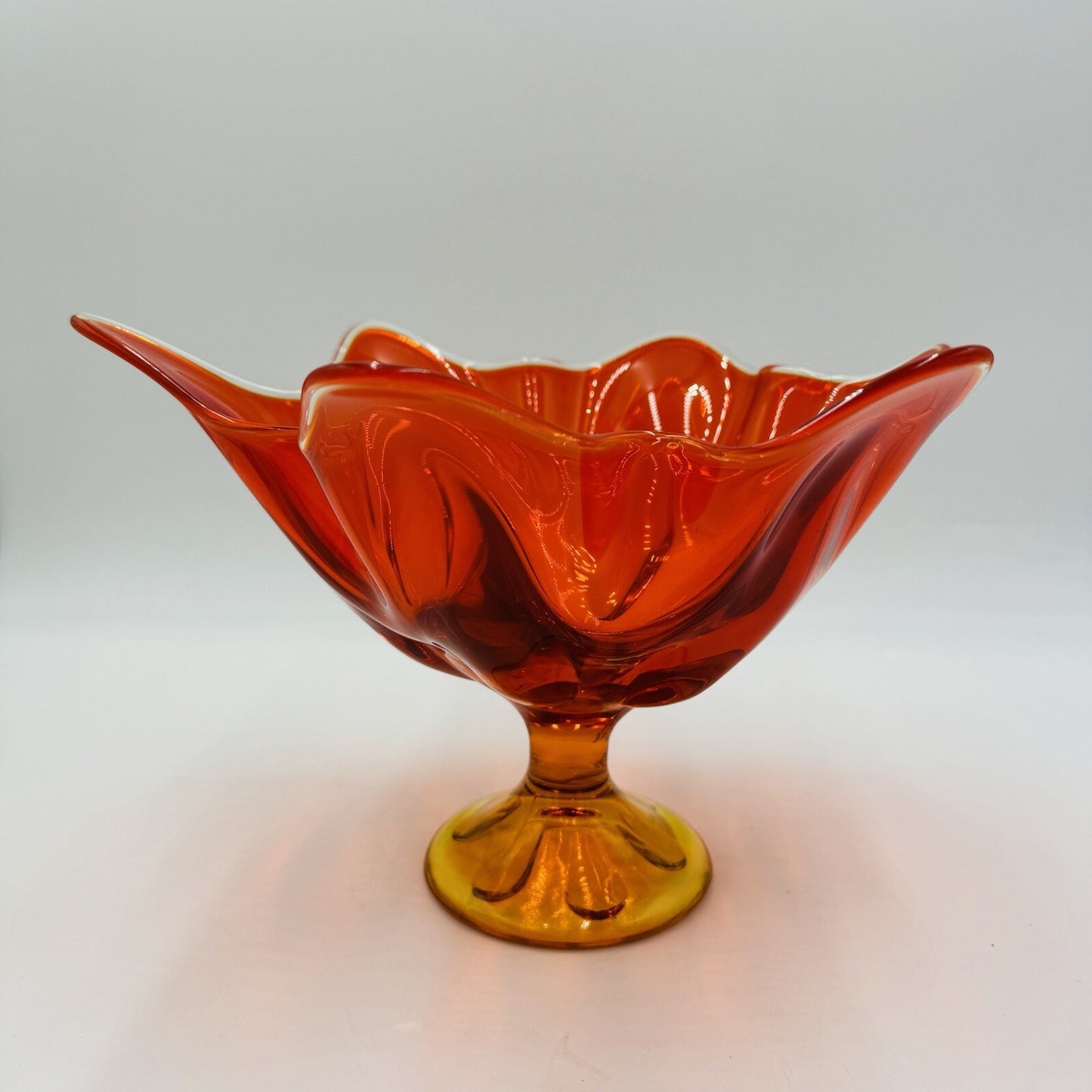 Viking Art Glass MCM Footed Amberina Orange Compote Epic 6 Petals Bowl 7.5”x 11"